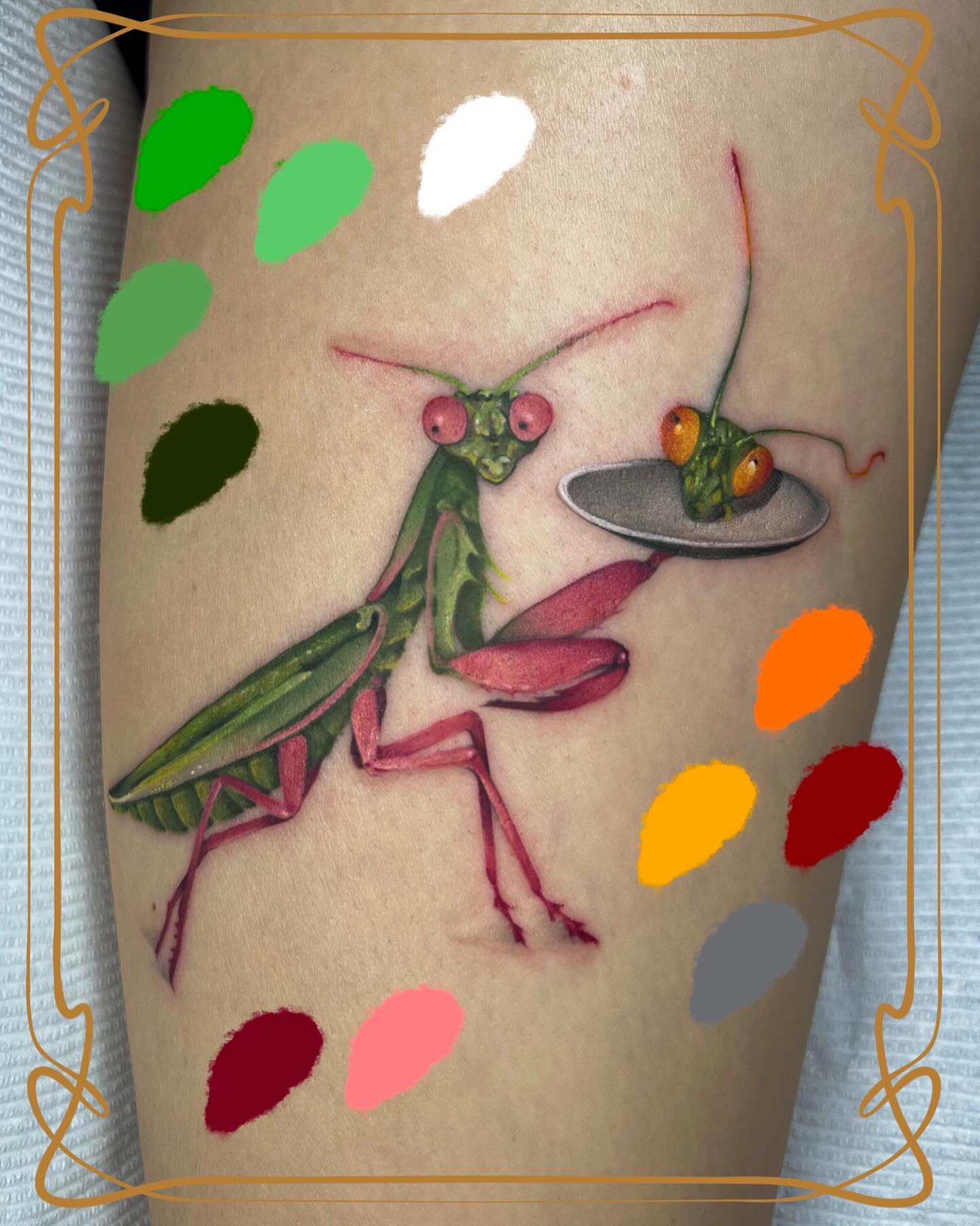 Praying mantis realism tattoo on the forearm by Severin Black