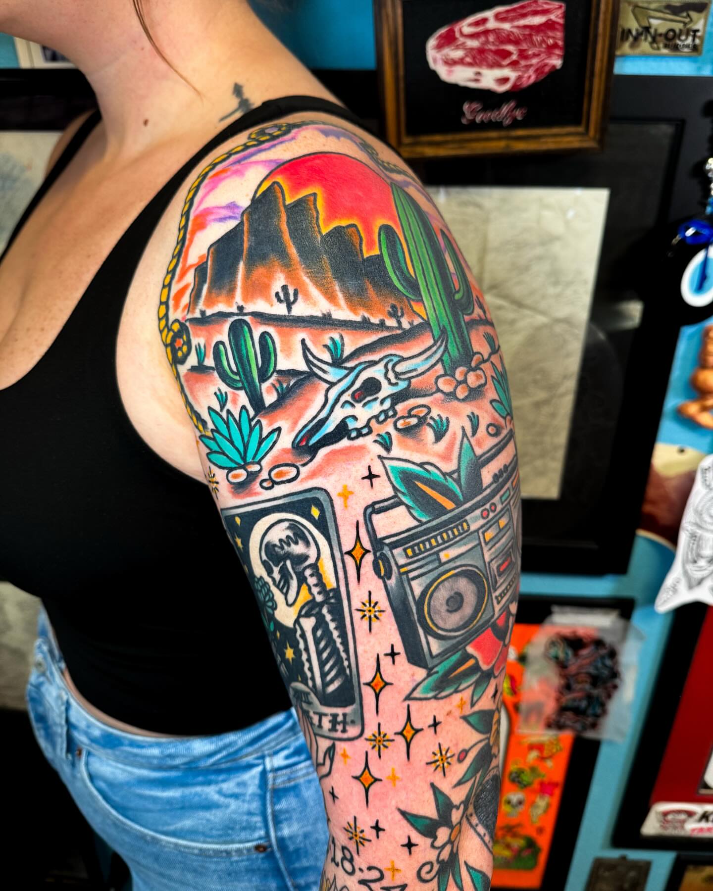 Desert landscape American traditional tattoo on the forearm by Alex Kass 🥩 San Antonio TX, San Antonio, Texas