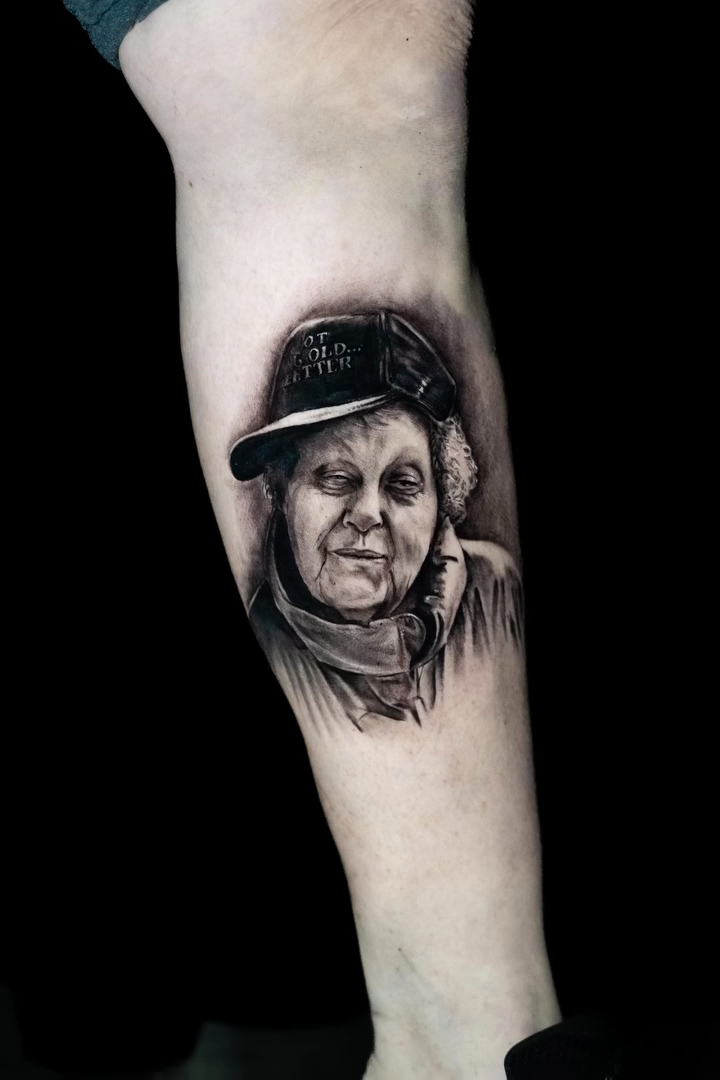 Portrait of an elderly woman realism tattoo by James Jurado