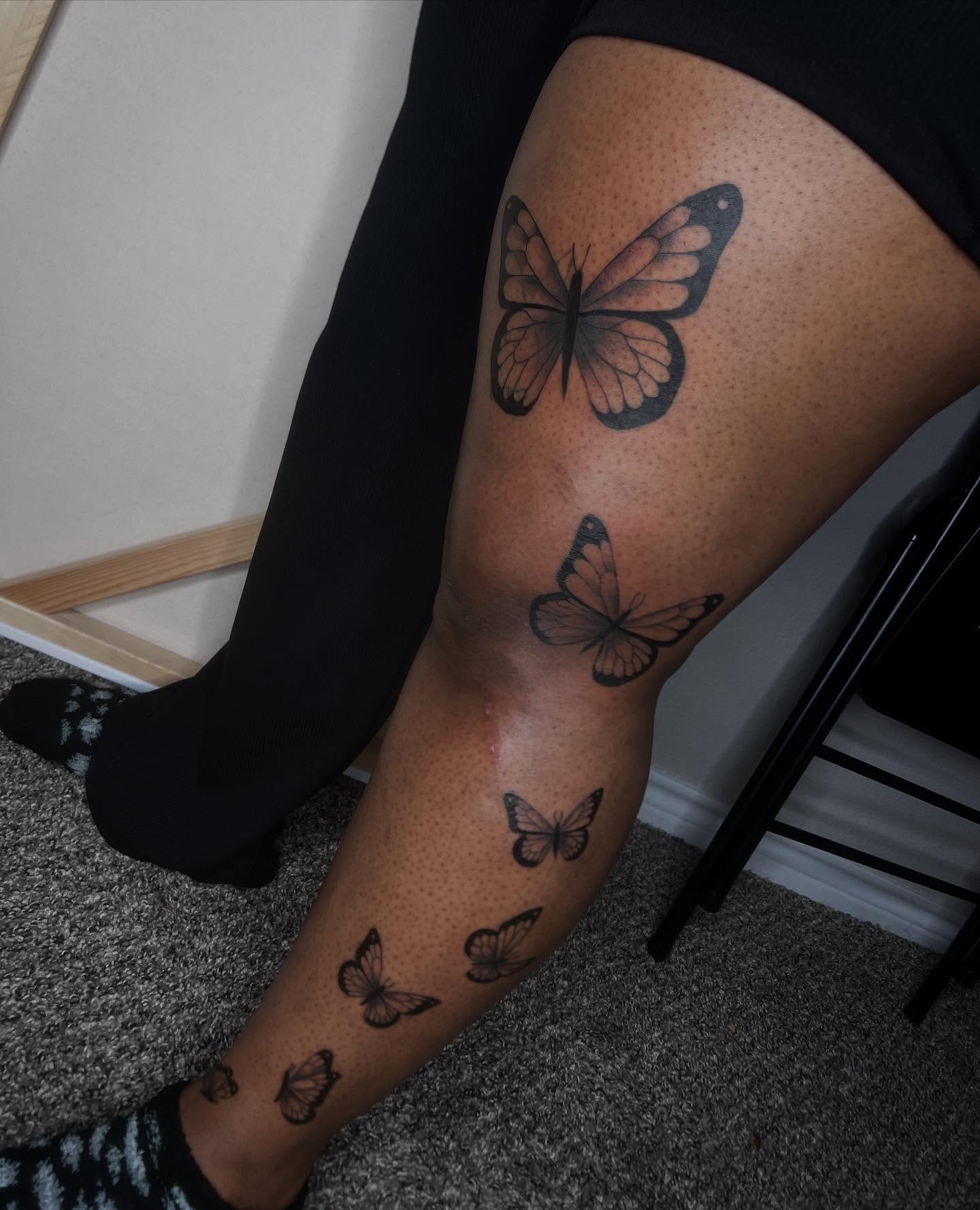 Butterflies dotwork tattoo on the thigh by ✧ Dallas Tattoo Artist  ✧