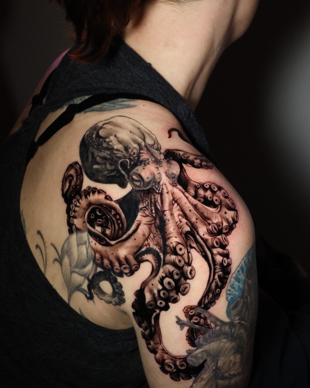 Octopus realism tattoo on the shoulder by Jesus Bravo