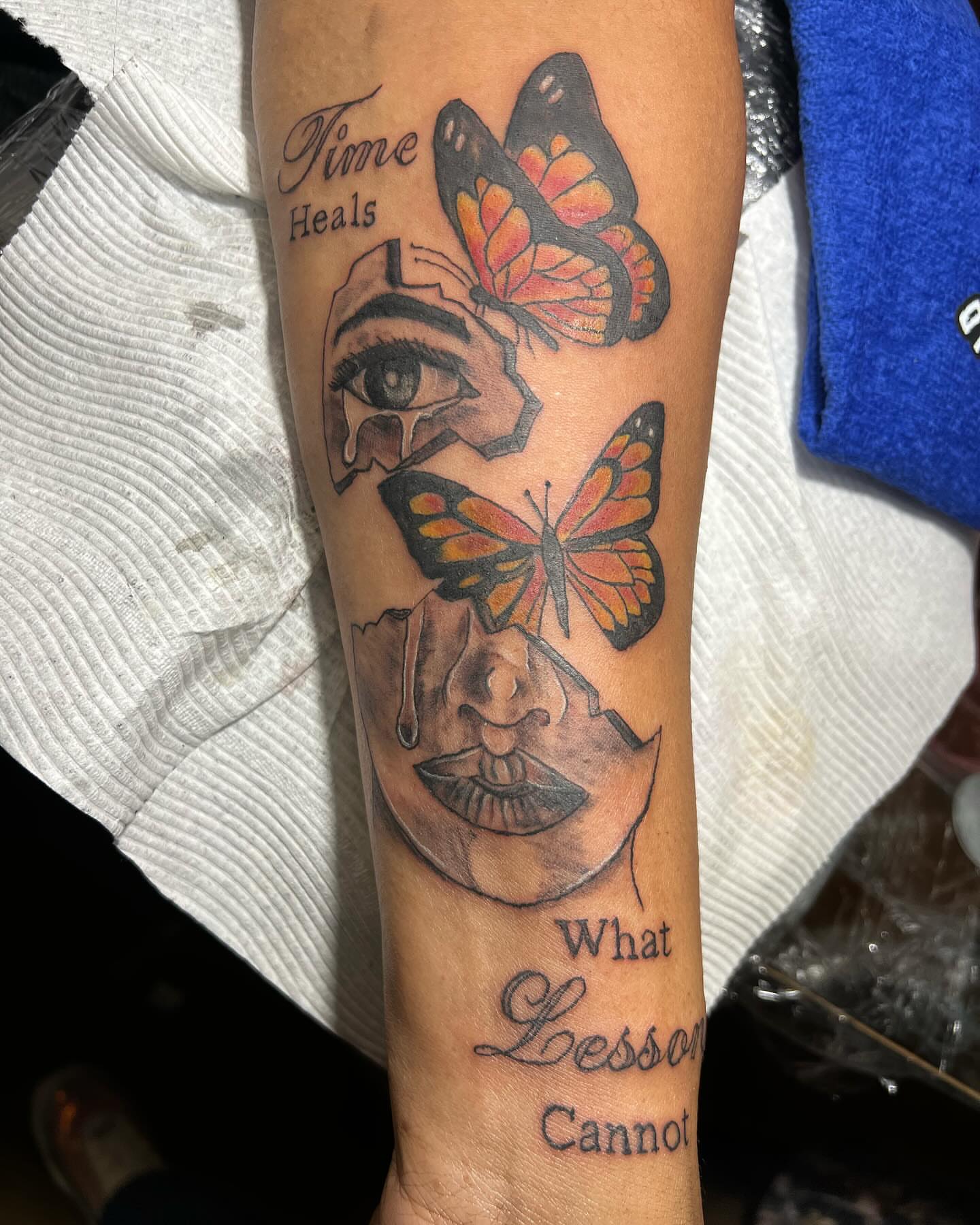 Time heals black and grey tattoo on the forearm by Illuminink.gallery
