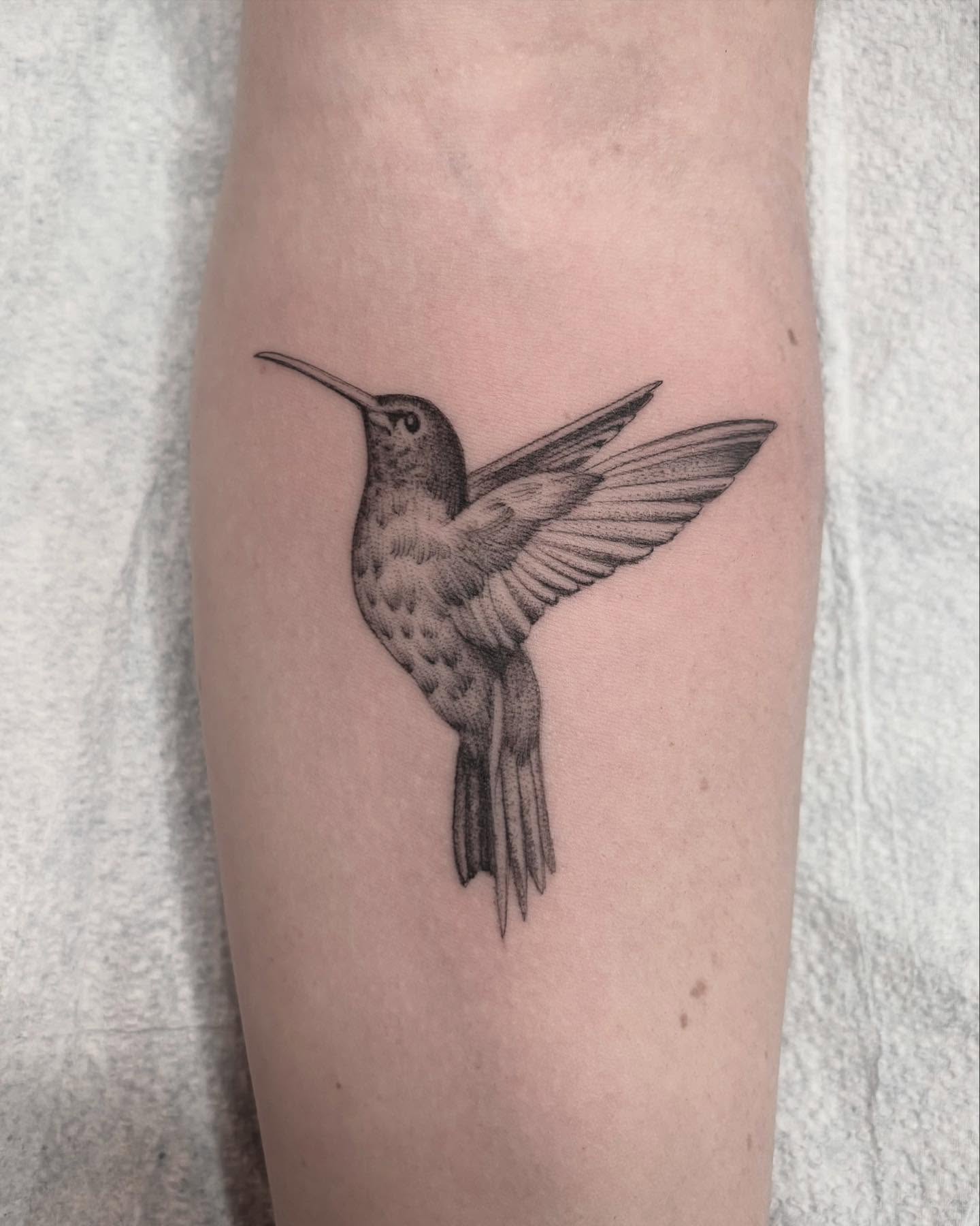 Hummingbird black and grey tattoo on the forearm by Jake Hodson, Nashville, Tennessee