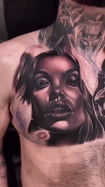Woman's portrait with lion realism tattoo by Erick Gutierrez, Las Vegas, Nevada