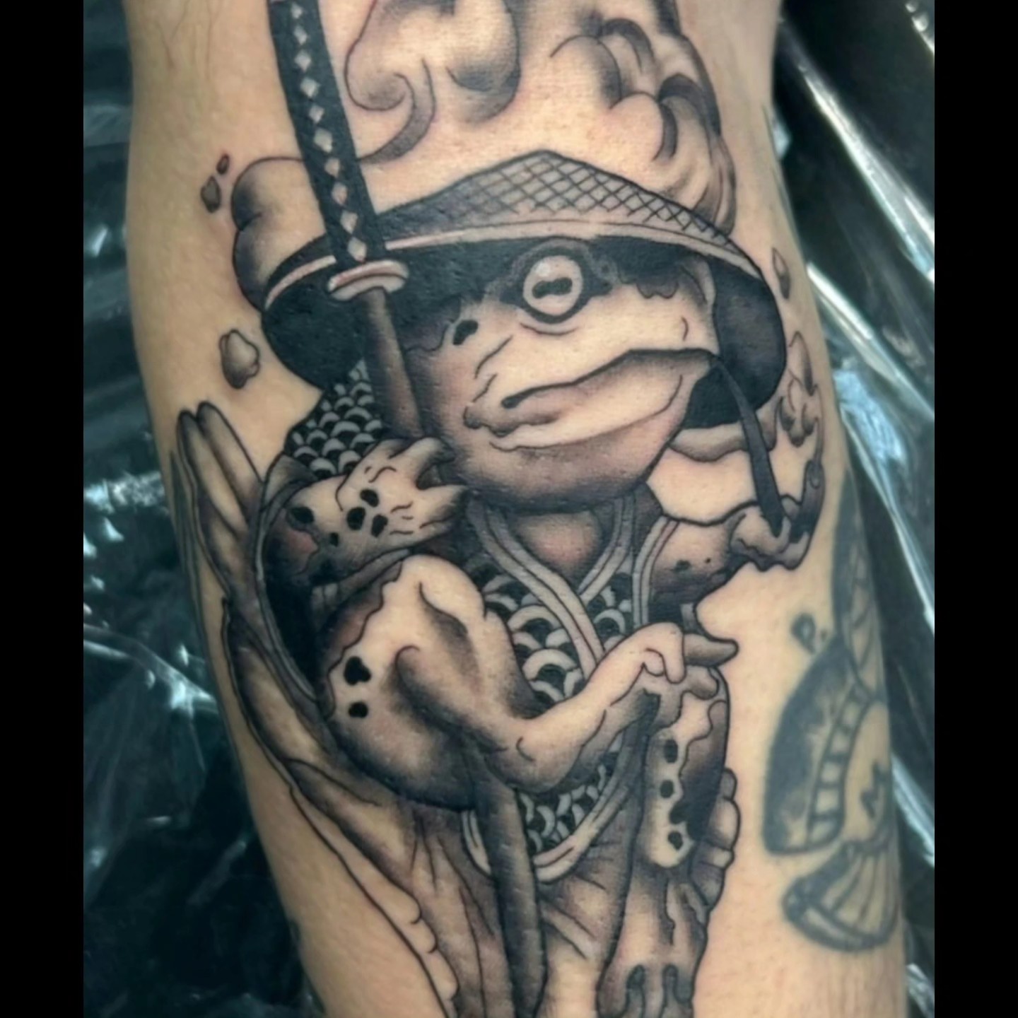 Frog samurai American traditional tattoo on the forearm by Ricardo (RJ)