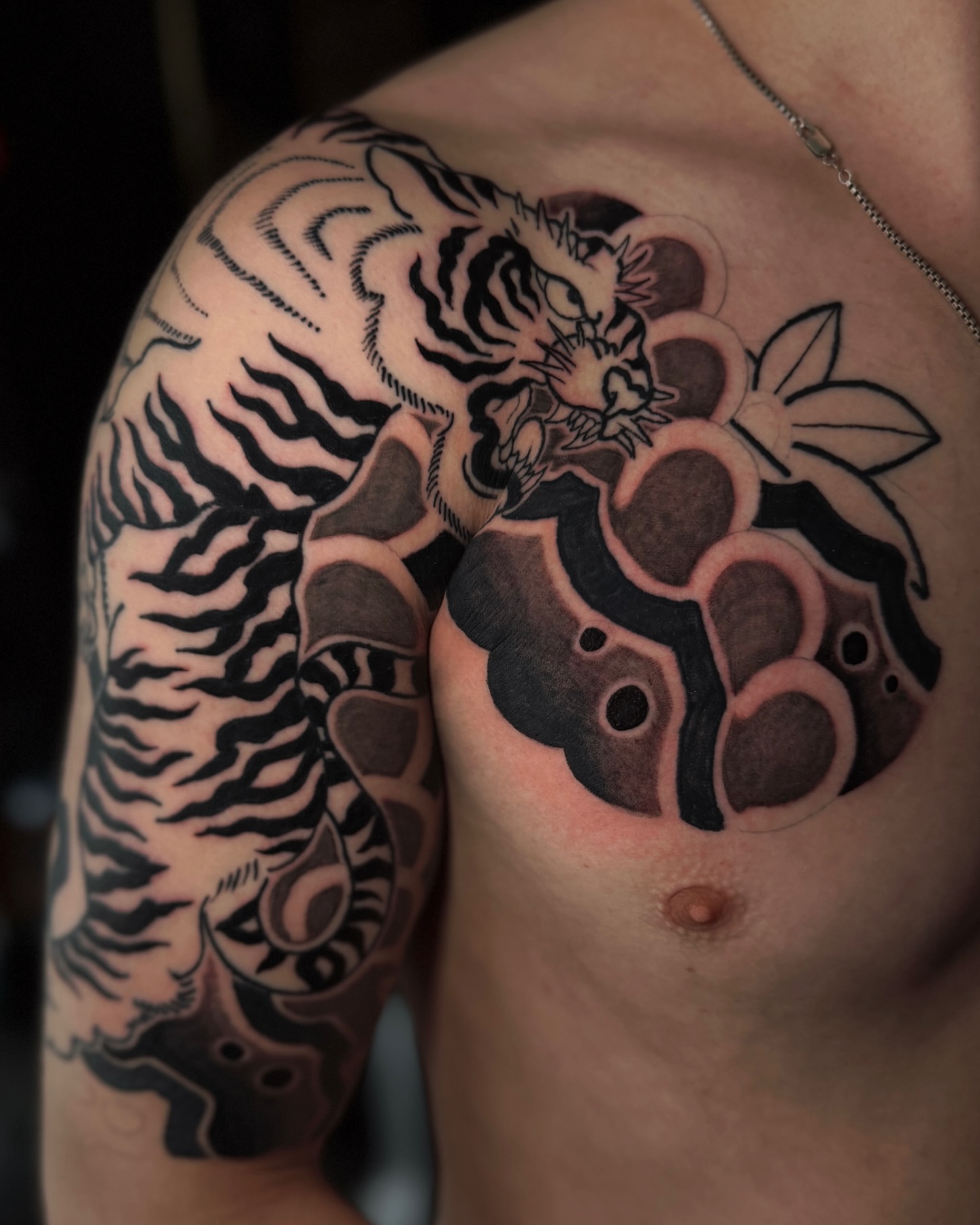 Tiger and flowers japanese irezumi tattoo on the chest by ๐๐๐๐พ๐ - (่พ็ๅ
)