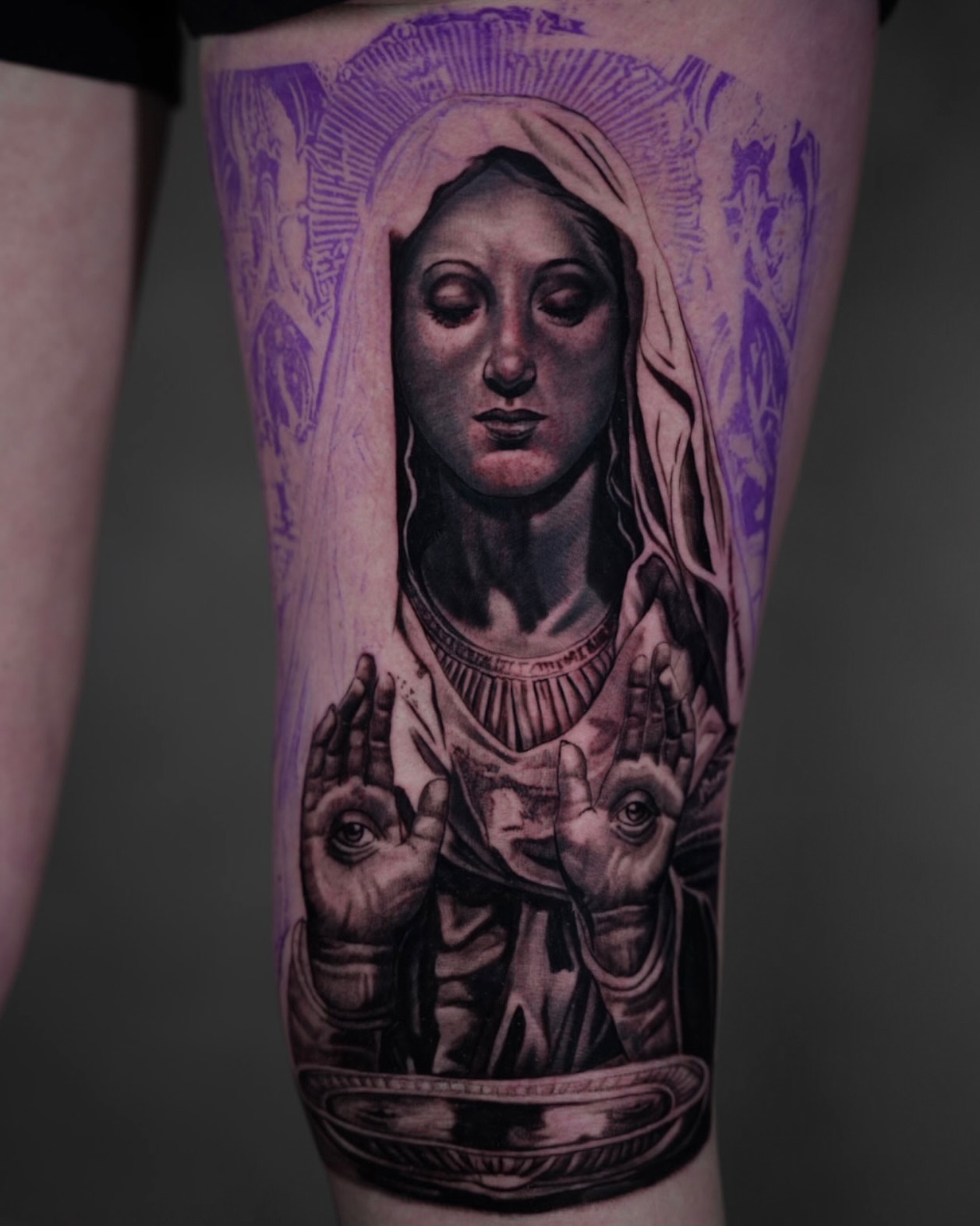 Religious figure realism tattoo on the forearm by Bailey Lemus