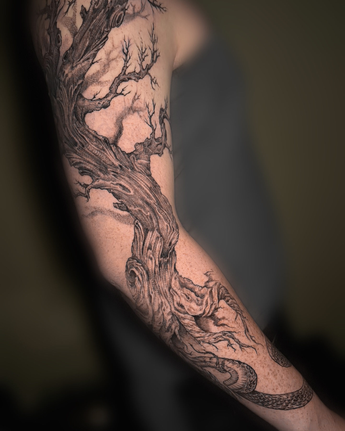 Tree and snake realism tattoo on the forearm by Ksu Storm, San Francisco, California