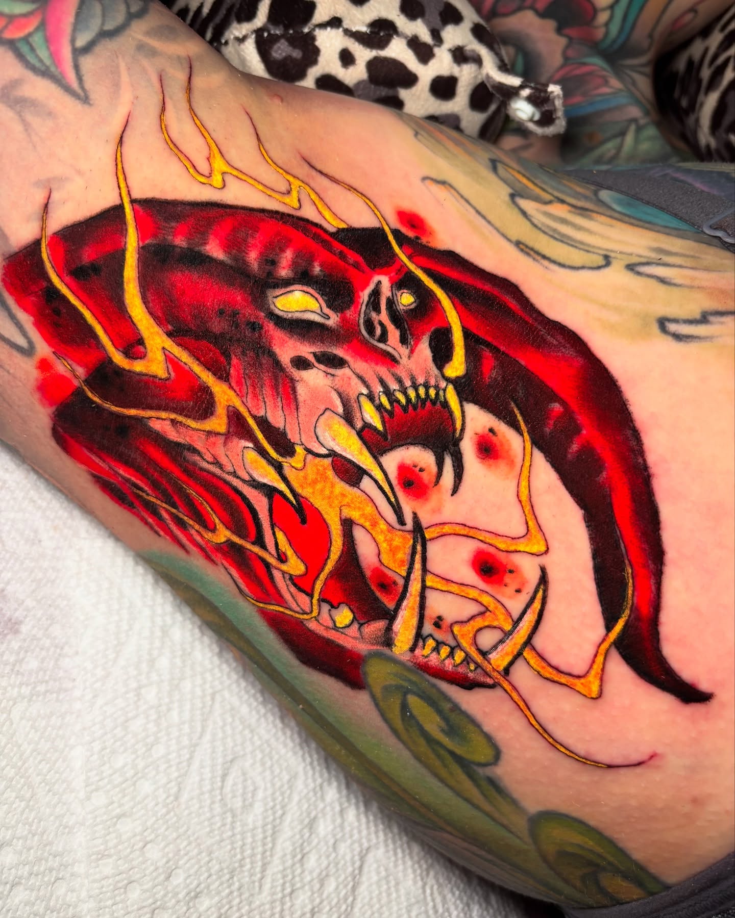 Demon skull American traditional tattoo on the forearm by Matt Stolzenburg