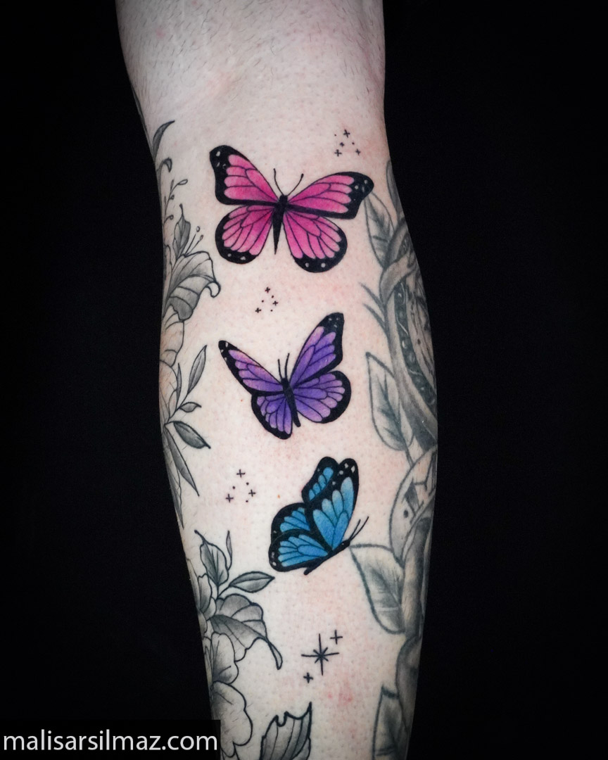 Butterflies dotwork tattoo on the forearm by Mali Sarsılmaz, Nicosia, Cyprus