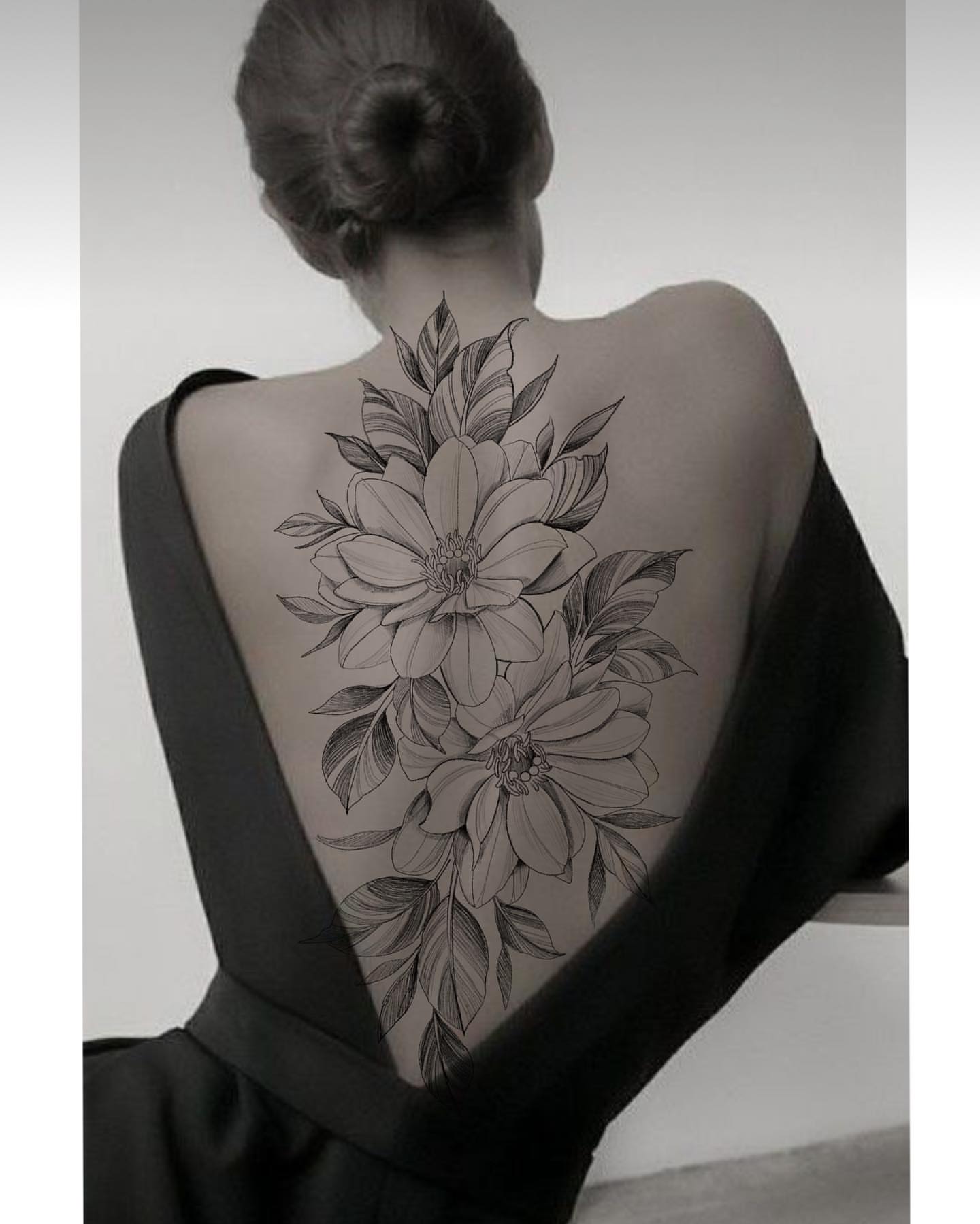 Floral bouquet black and grey tattoo on the back by Brittany Welsh, Marlton, New Jersey