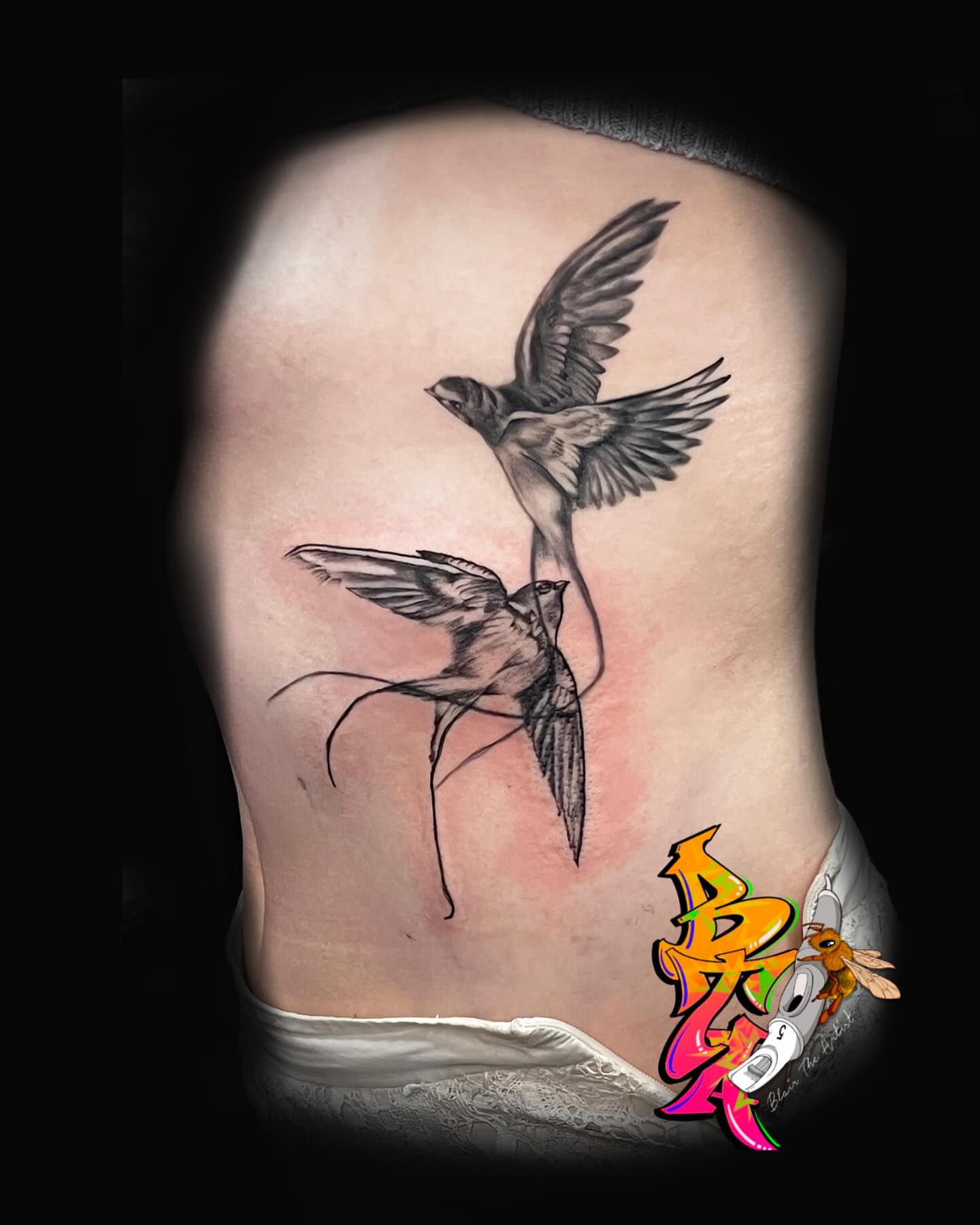 Swallows realism tattoo on the ribs by Blair The Artist!