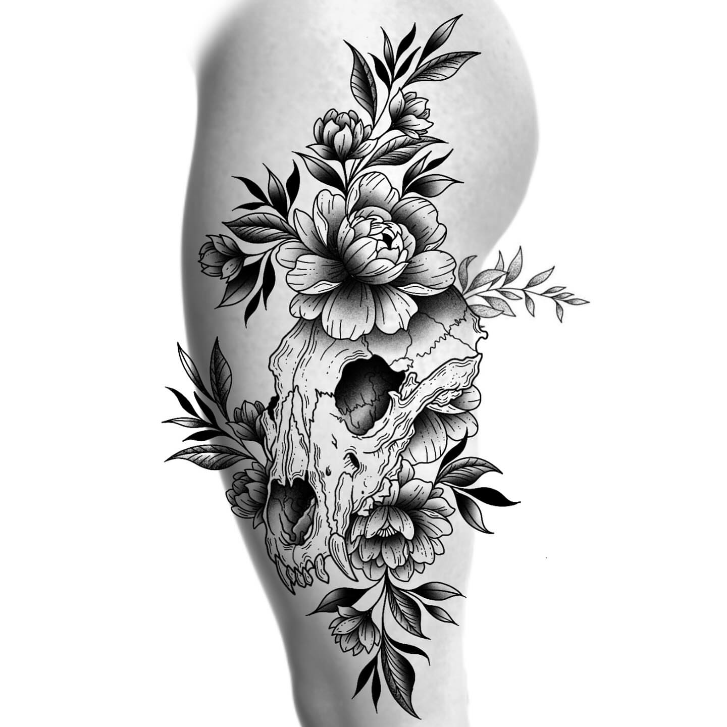 Skull and flowers realism tattoo on the forearm by Bryan Black