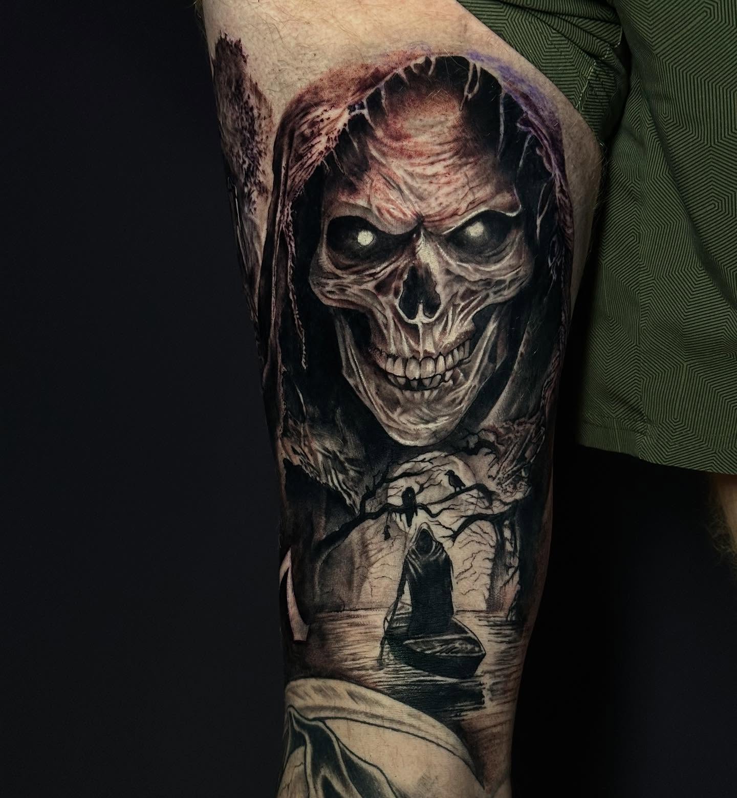 Grim reaper dark realism tattoo on the forearm by T, Saugus, Massachusetts