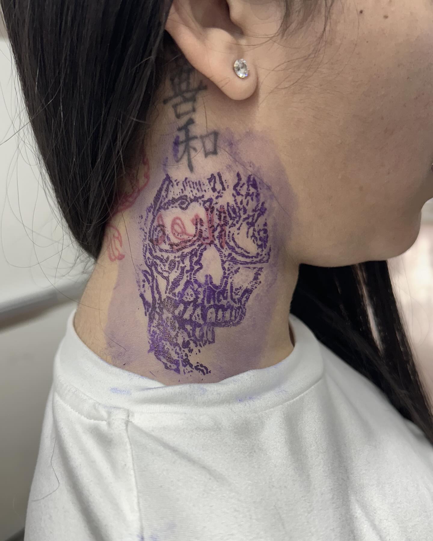 Skull dotwork tattoo on the neck by ⠀Joey Rosado