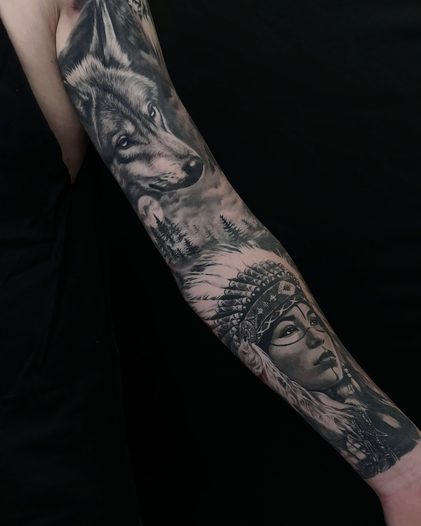 Wolf and woman realism tattoo on the forearm by Lynn Hoang, Honolulu, Hawaii