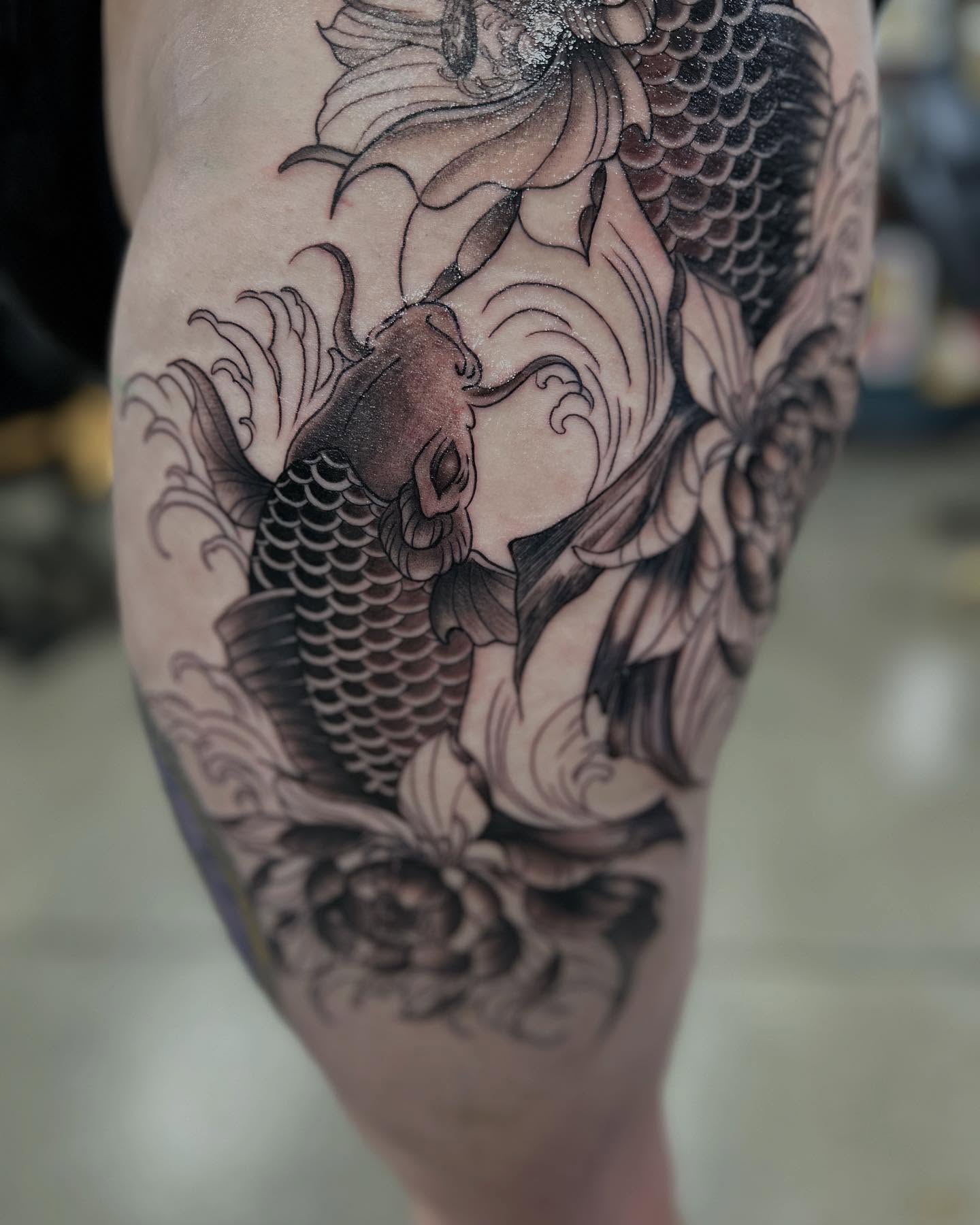 Koi fish japanese irezumi tattoo on the forearm by Shawn Feng