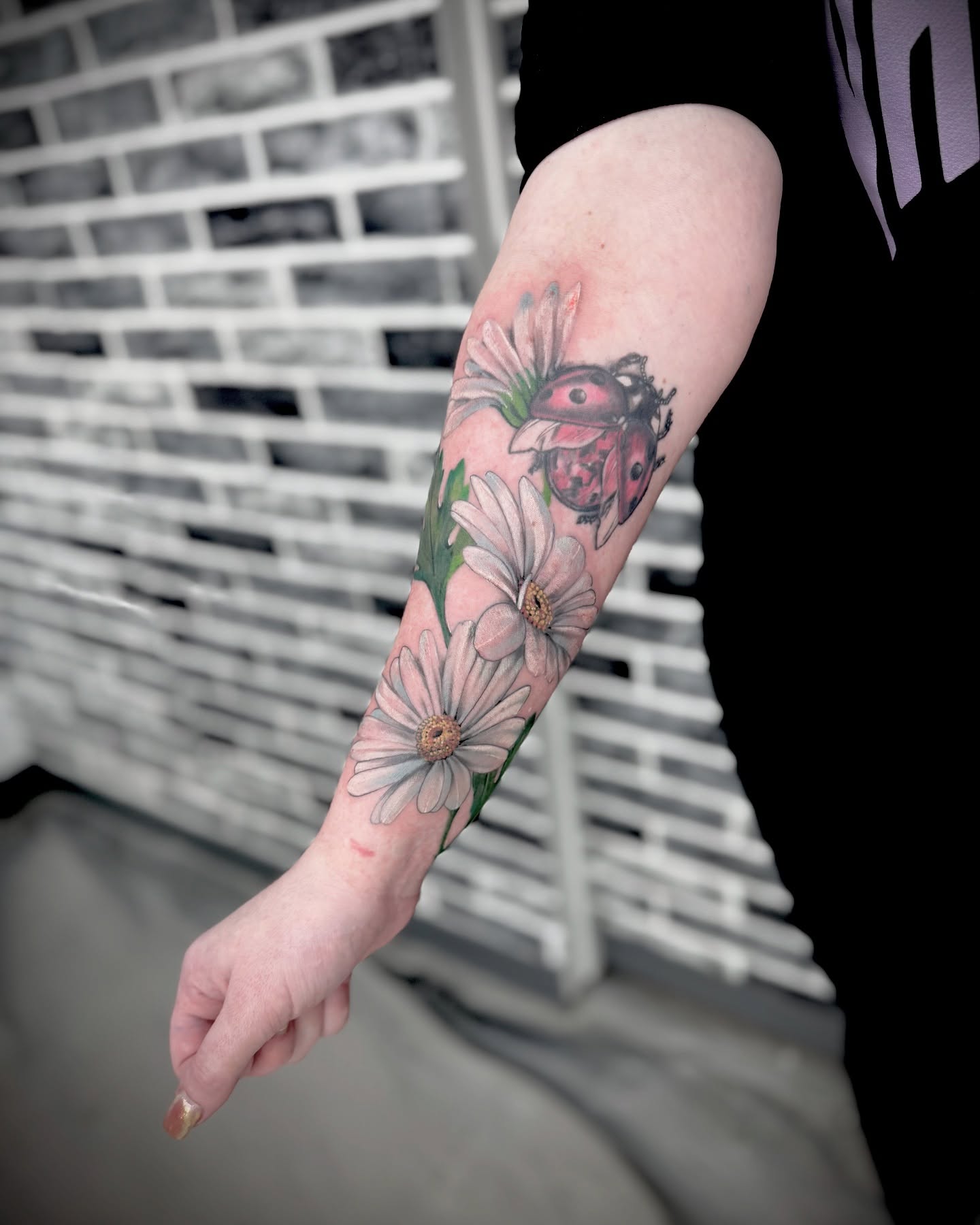 Daisies and ladybug realism tattoo on the forearm by Mitsuko Ching