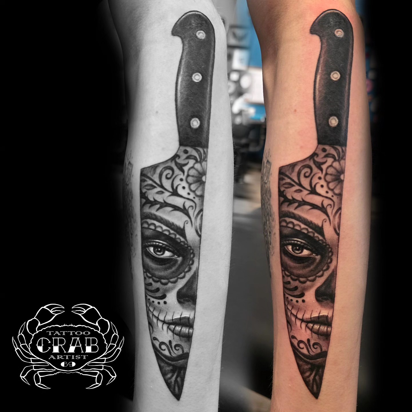 Sugar skull knife realism tattoo on the forearm by Martin Colonna