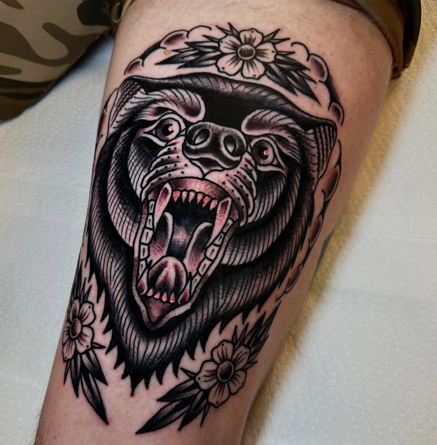 Bear American traditional tattoo on the forearm by Noah Diffenderfer, Phoenix, Arizona