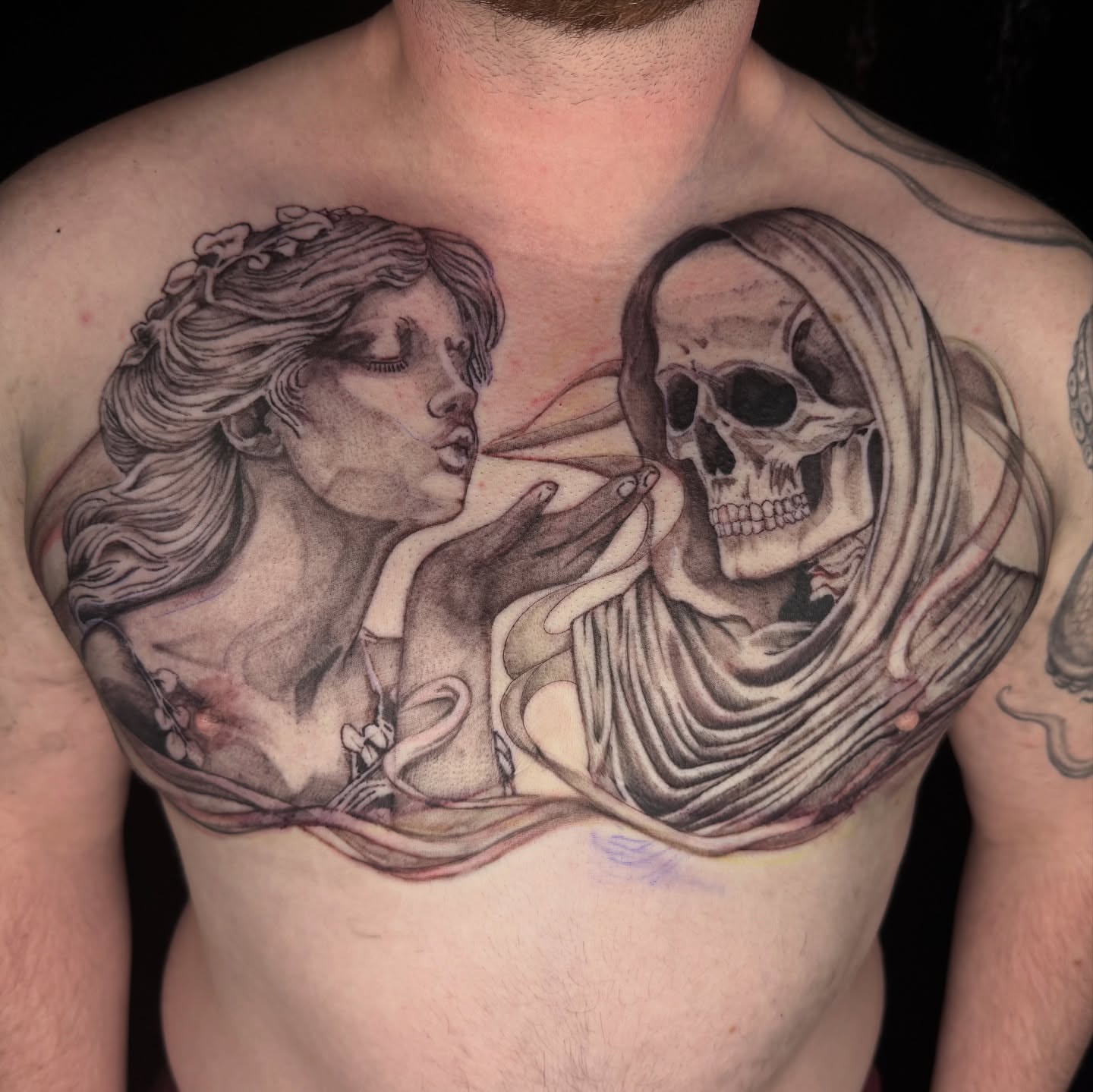 Woman and death realism tattoo on the chest by @inkedbybanti