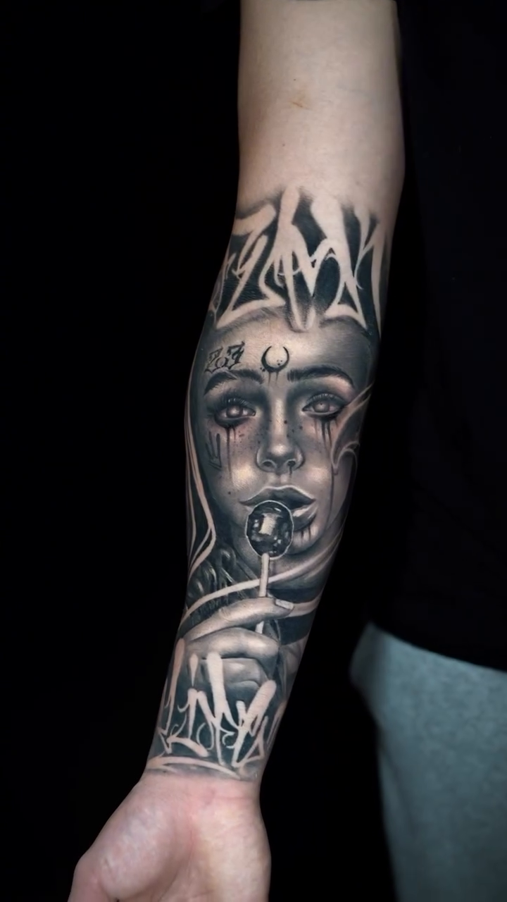 Woman with crown and moon realism tattoo by Ricardo javier Gil, Dallas, Texas