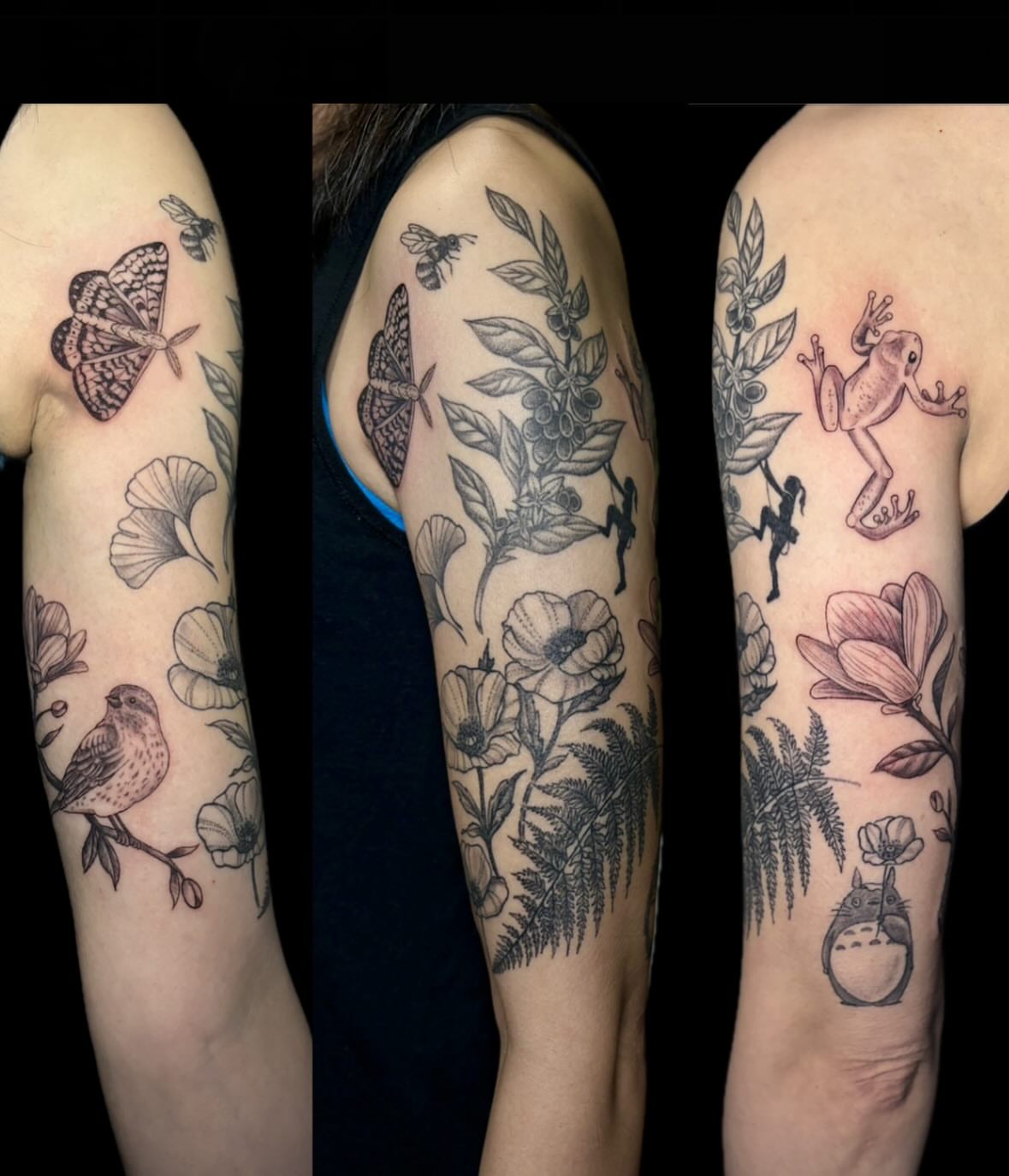 Botanical and animal motifs black and grey tattoo on the upper arm by 🖤Sabrina Ryan🖤