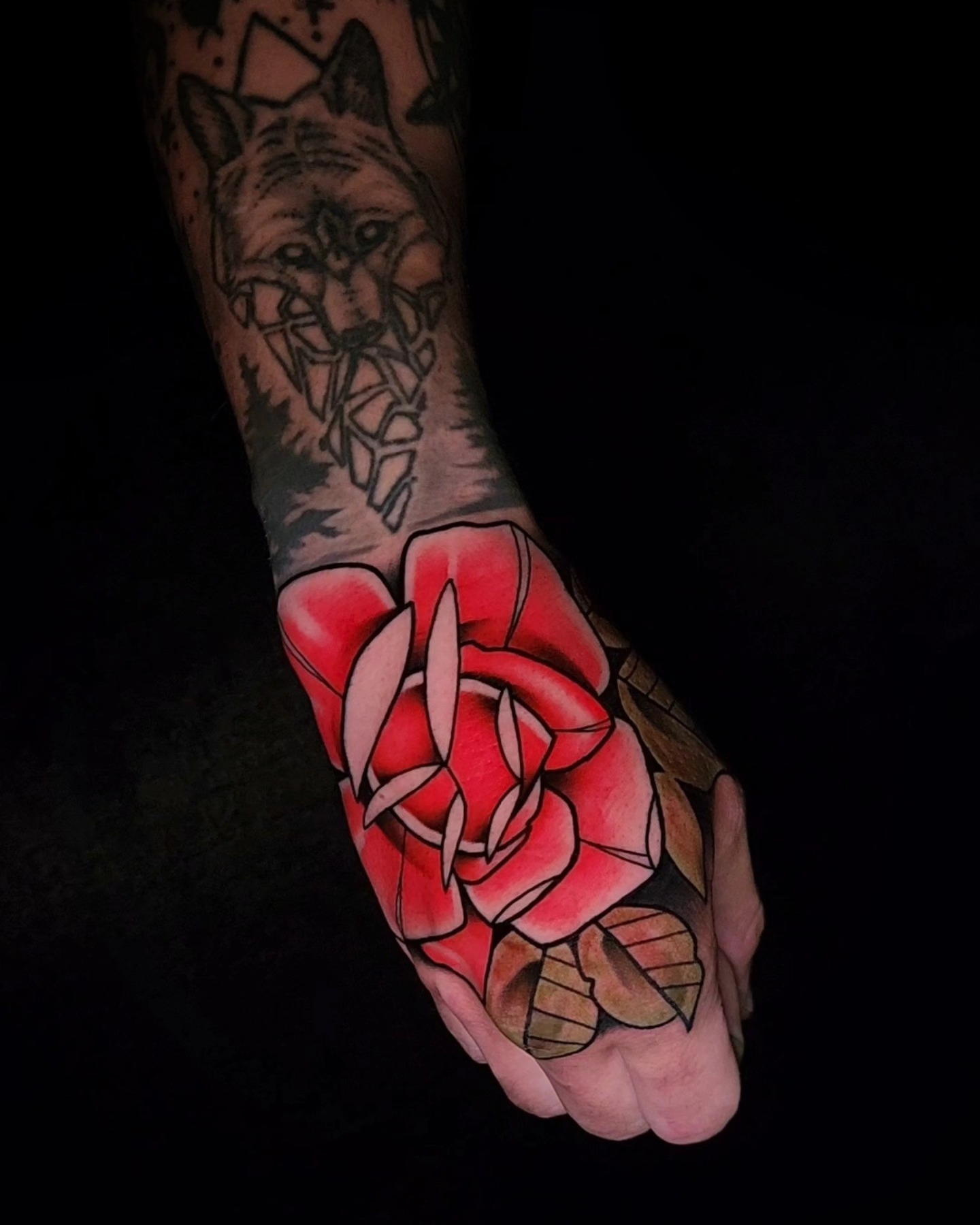 Red rose American traditional tattoo on the hand by ⚔️ Shane ⚔️