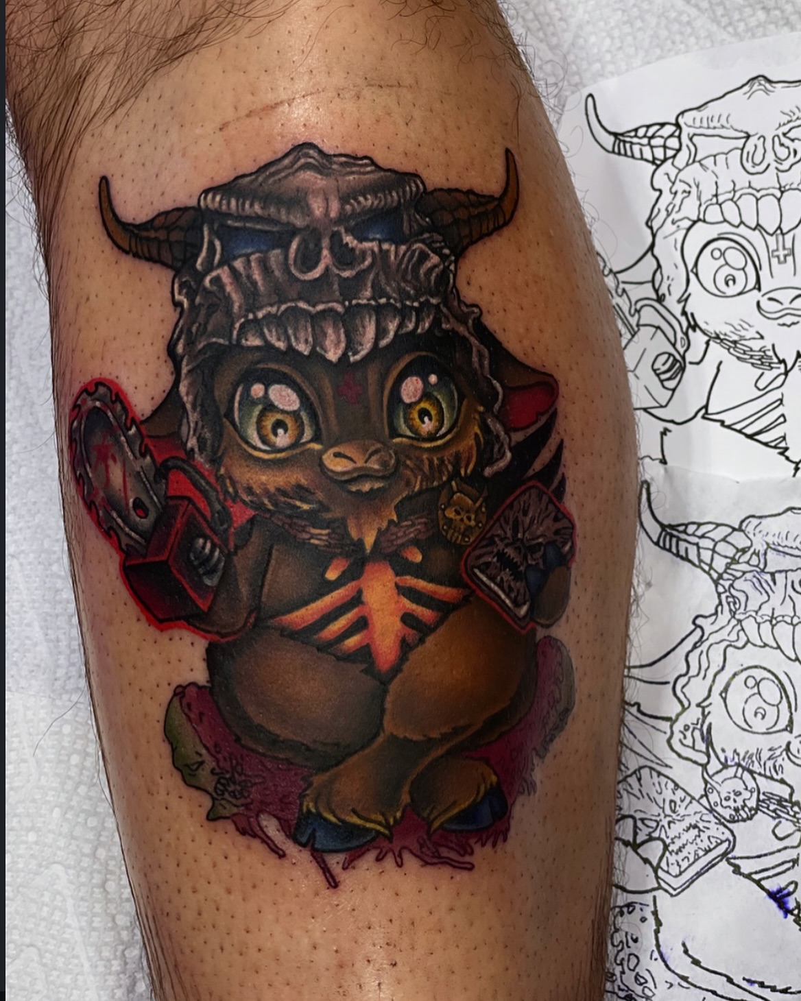 Demon cat American traditional tattoo on the thigh by Alexandra Fische