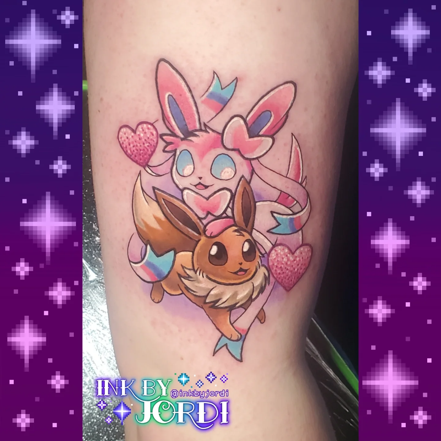 Eevee and Espeon dotwork tattoo on the forearm by Jordi ✨