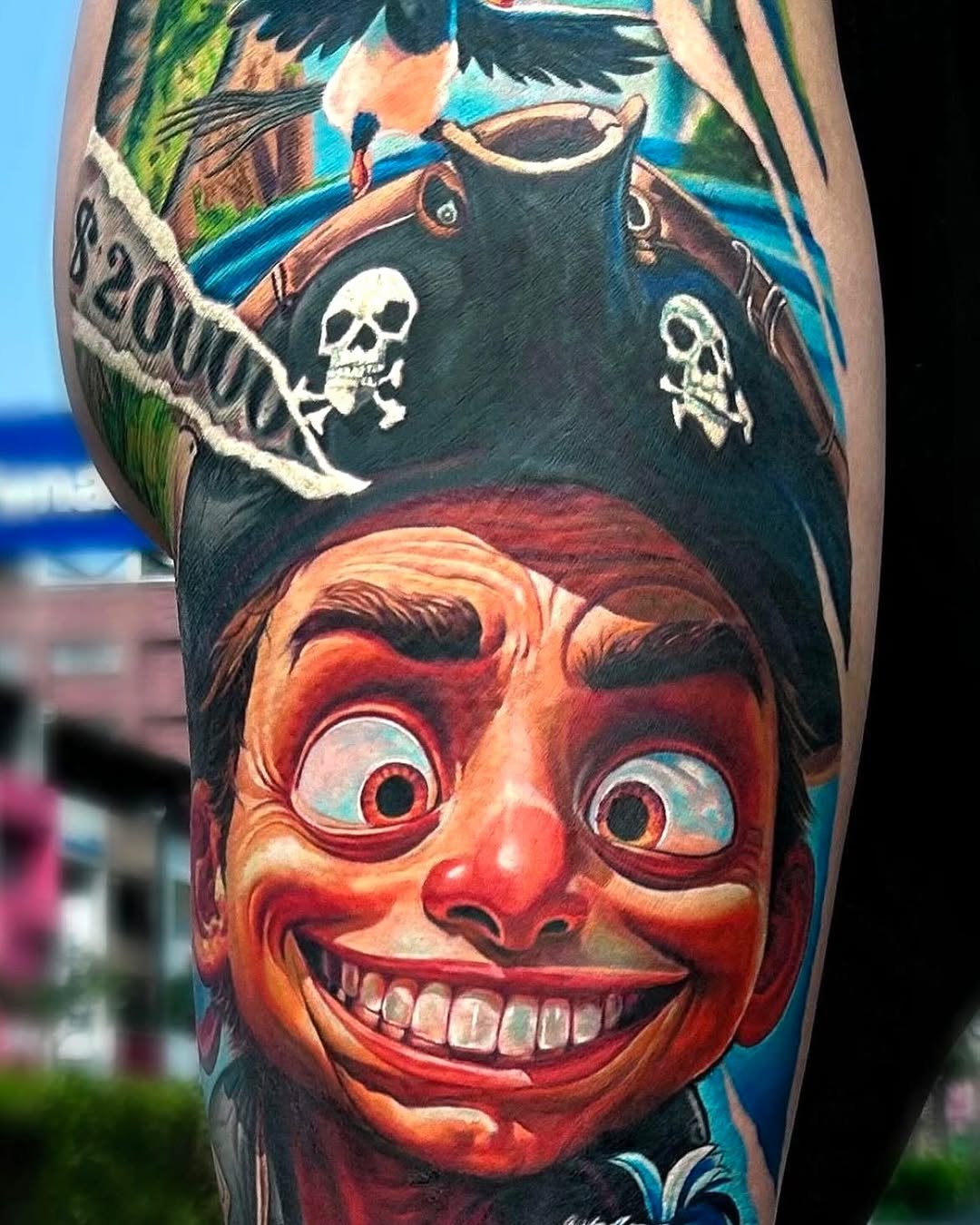Pirate character with money new school tattoo on the forearm by Bình Nguyễn
