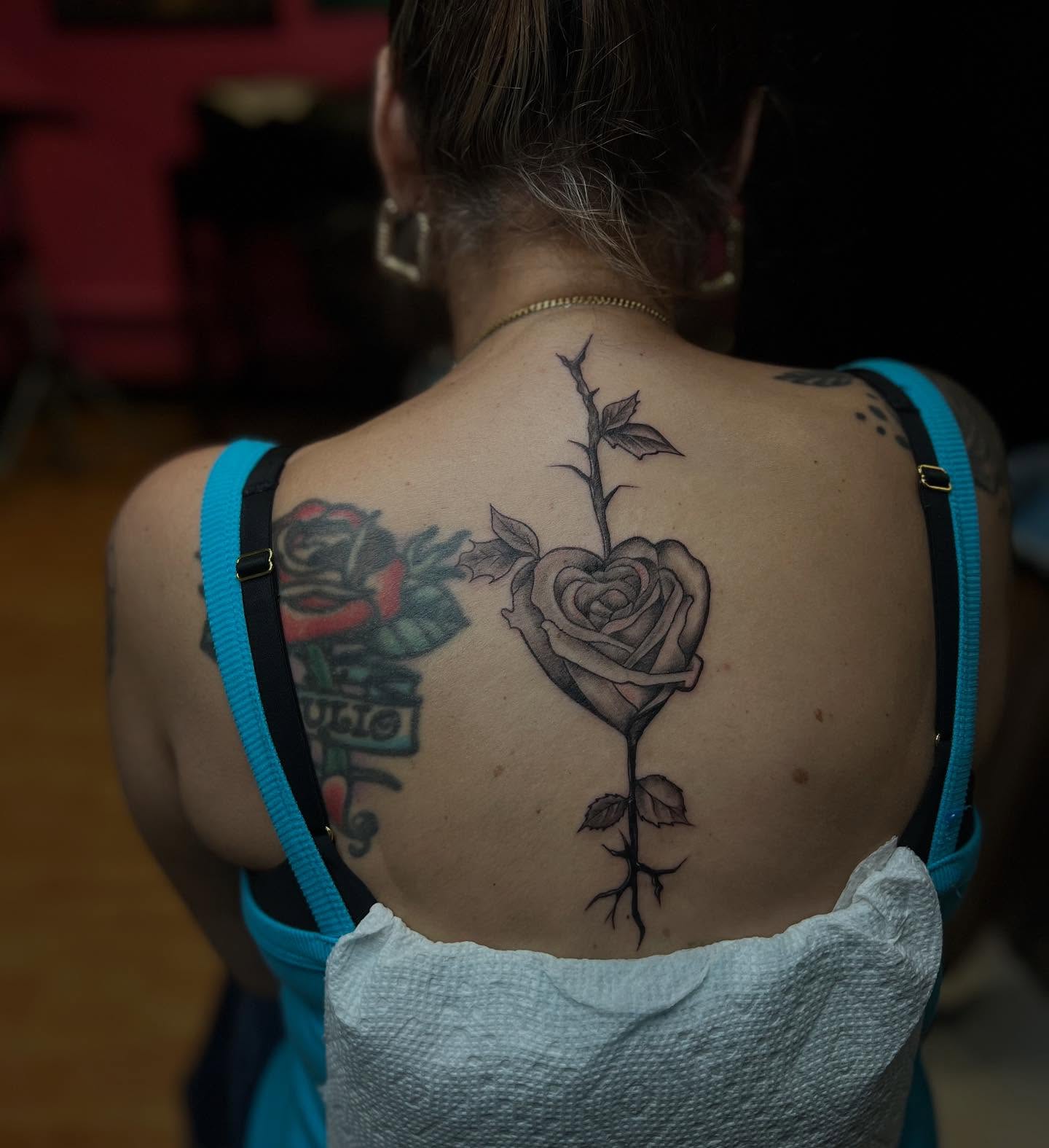 Rose black and grey tattoo on the back by Ride The Needle Tattoos, New Britain, Connecticut