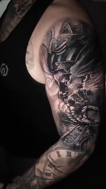 Samurai warrior and clock realism tattoo by Xavier NYC TATTOO ARTIST