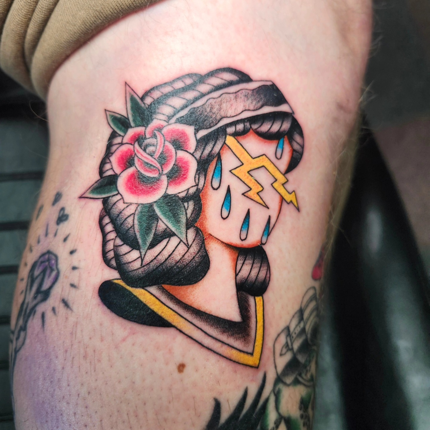 Ram skull and rose American traditional tattoo on the forearm by CASEY JENSEN ✨ Fort Collins CO