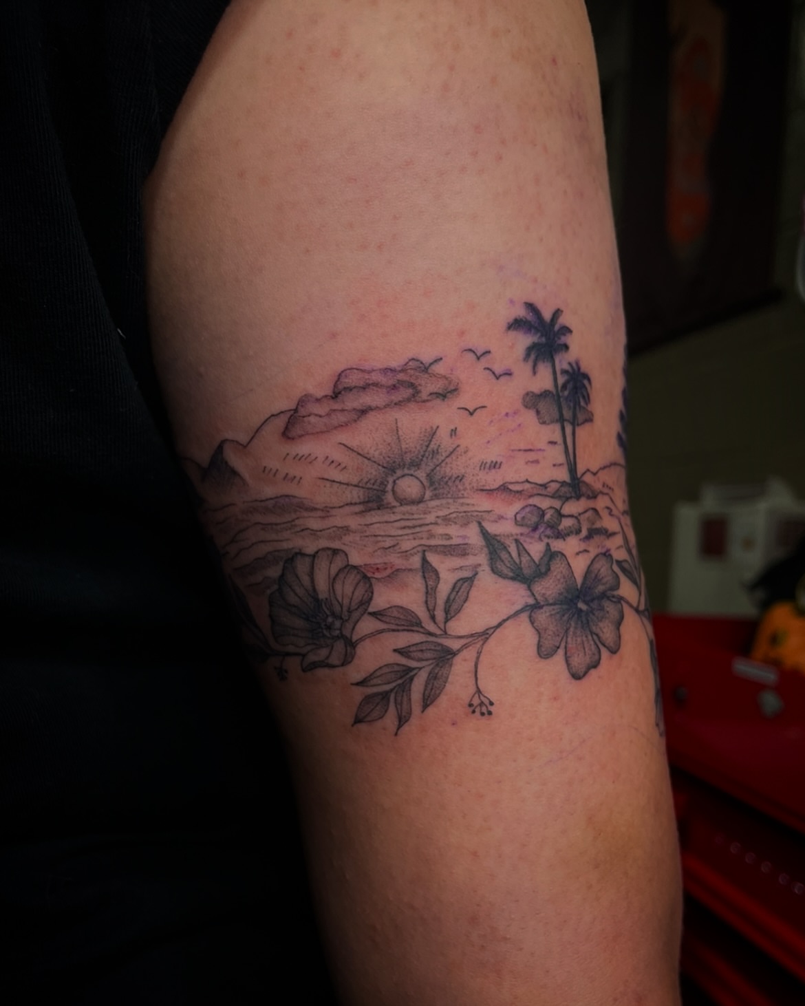 Beach sunset realism tattoo on the forearm by ⊹ * . 𝕵az ⊹ * .