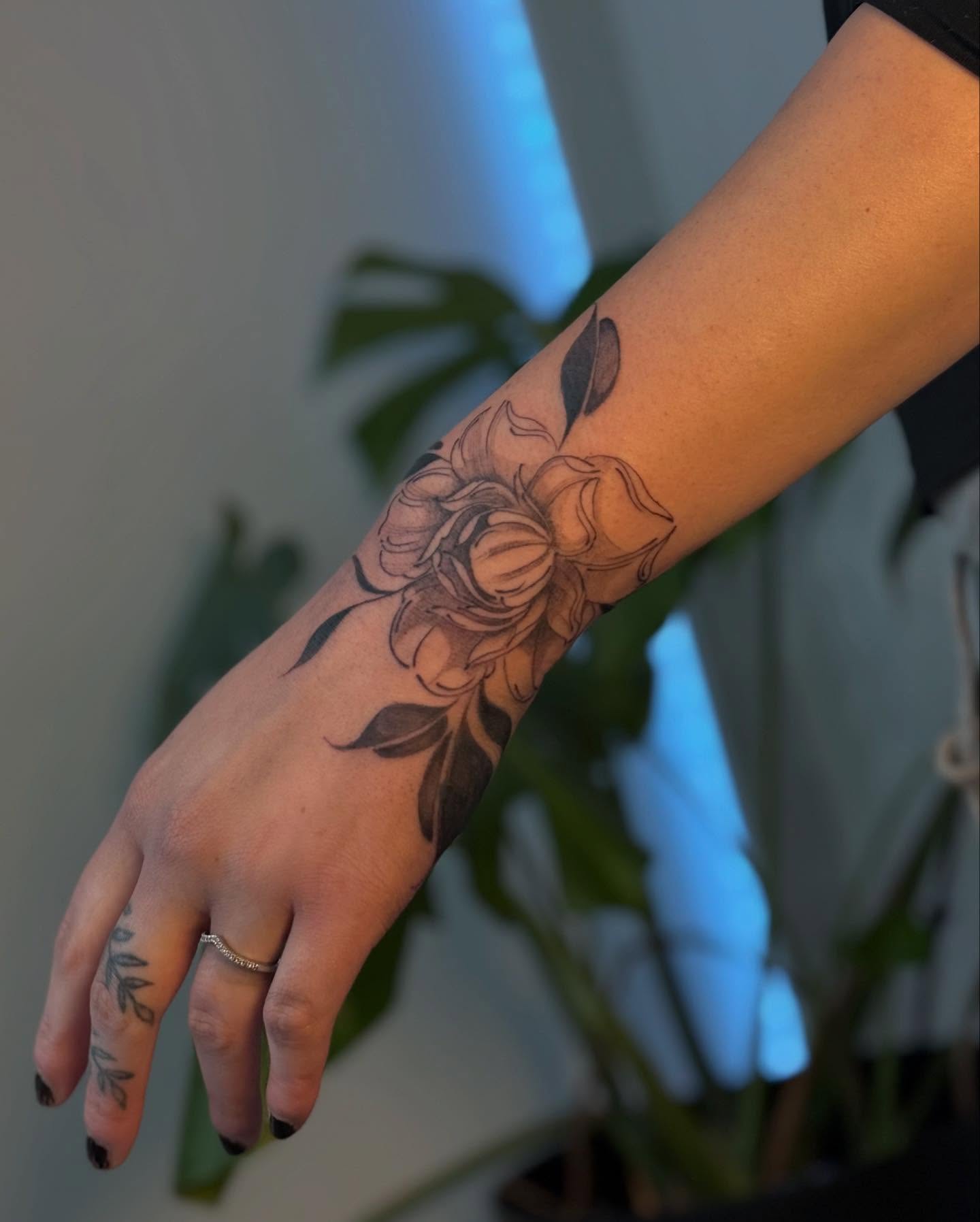 Flower black and grey tattoo on the forearm by thuy (twee) <3, San Jose, California