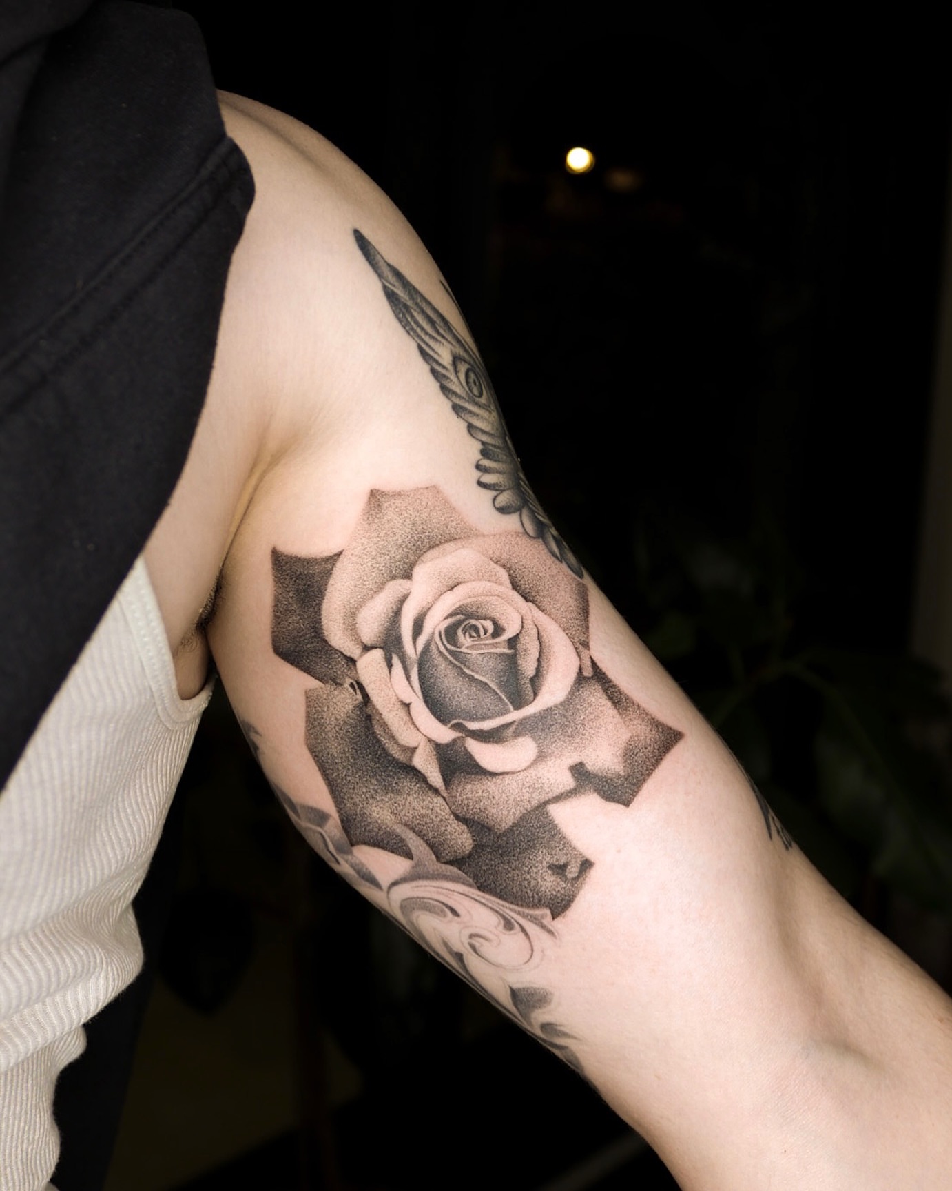 Rose dotwork tattoo on the forearm by Beans