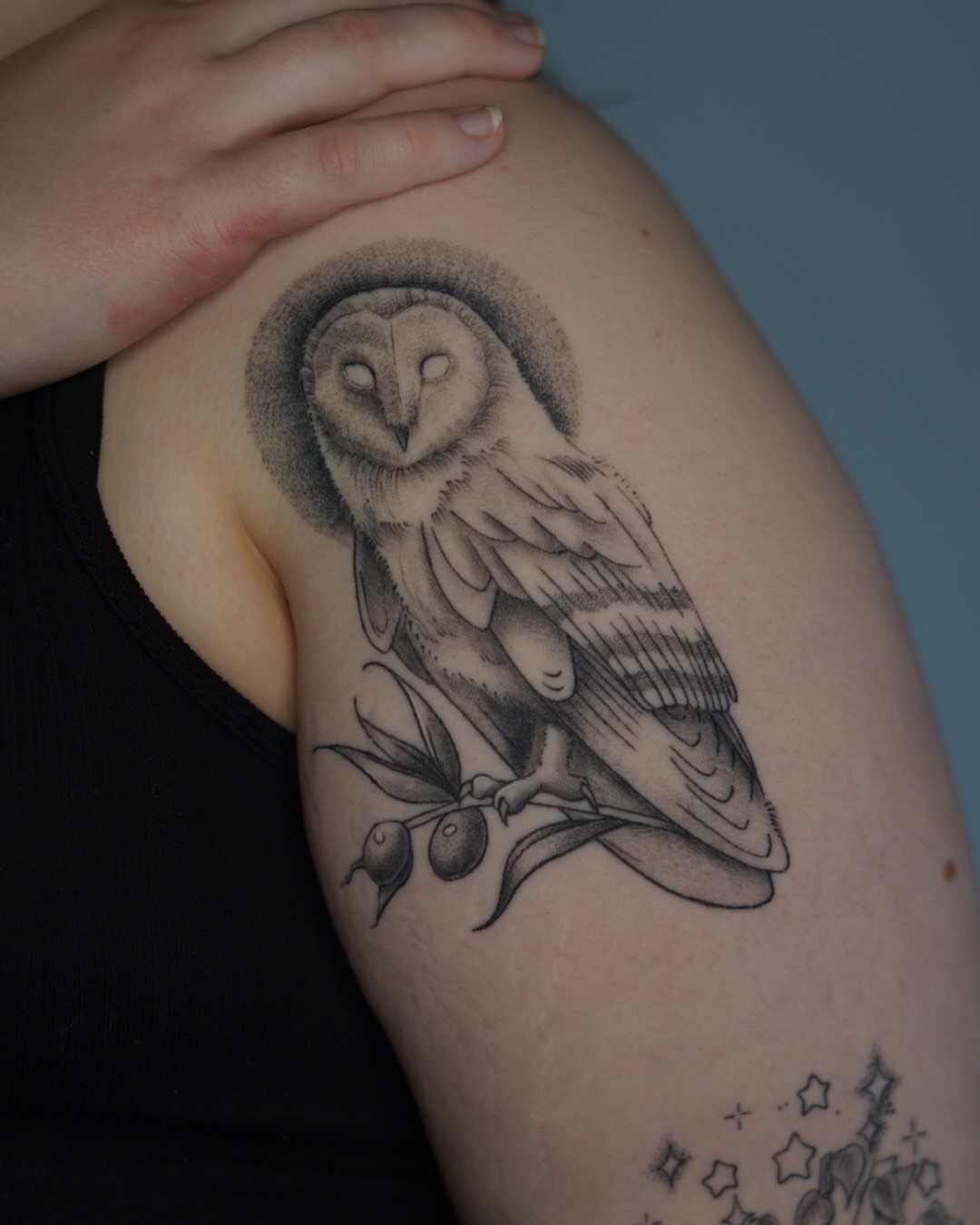 Owl dotwork tattoo on the shoulder by šianca٠࣪ā