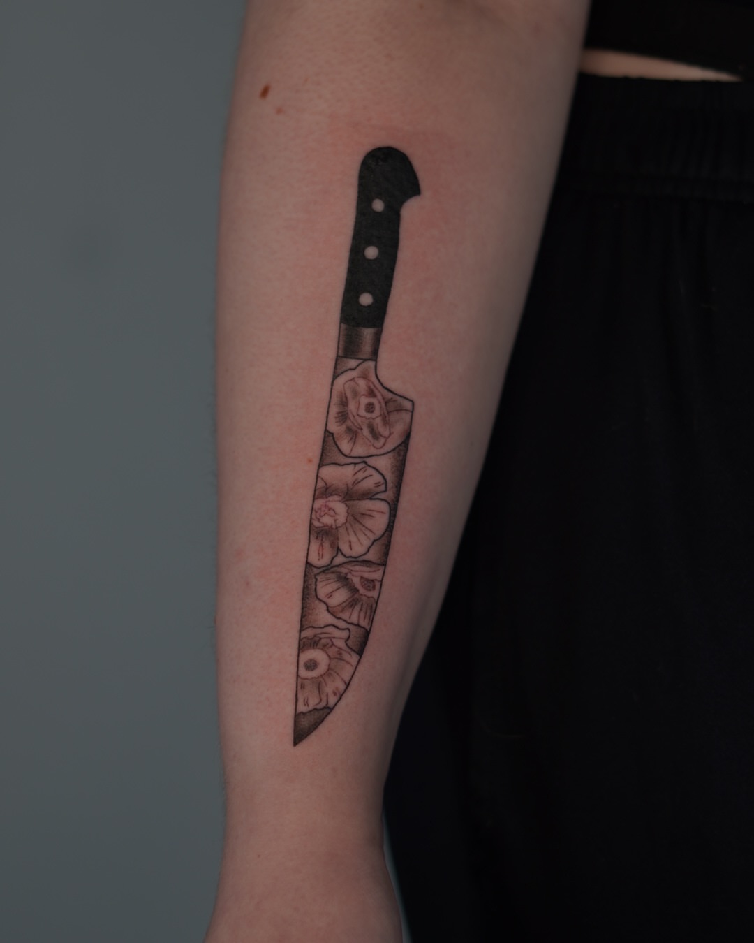 Knife black and grey tattoo on the forearm by šianca٠࣪ā