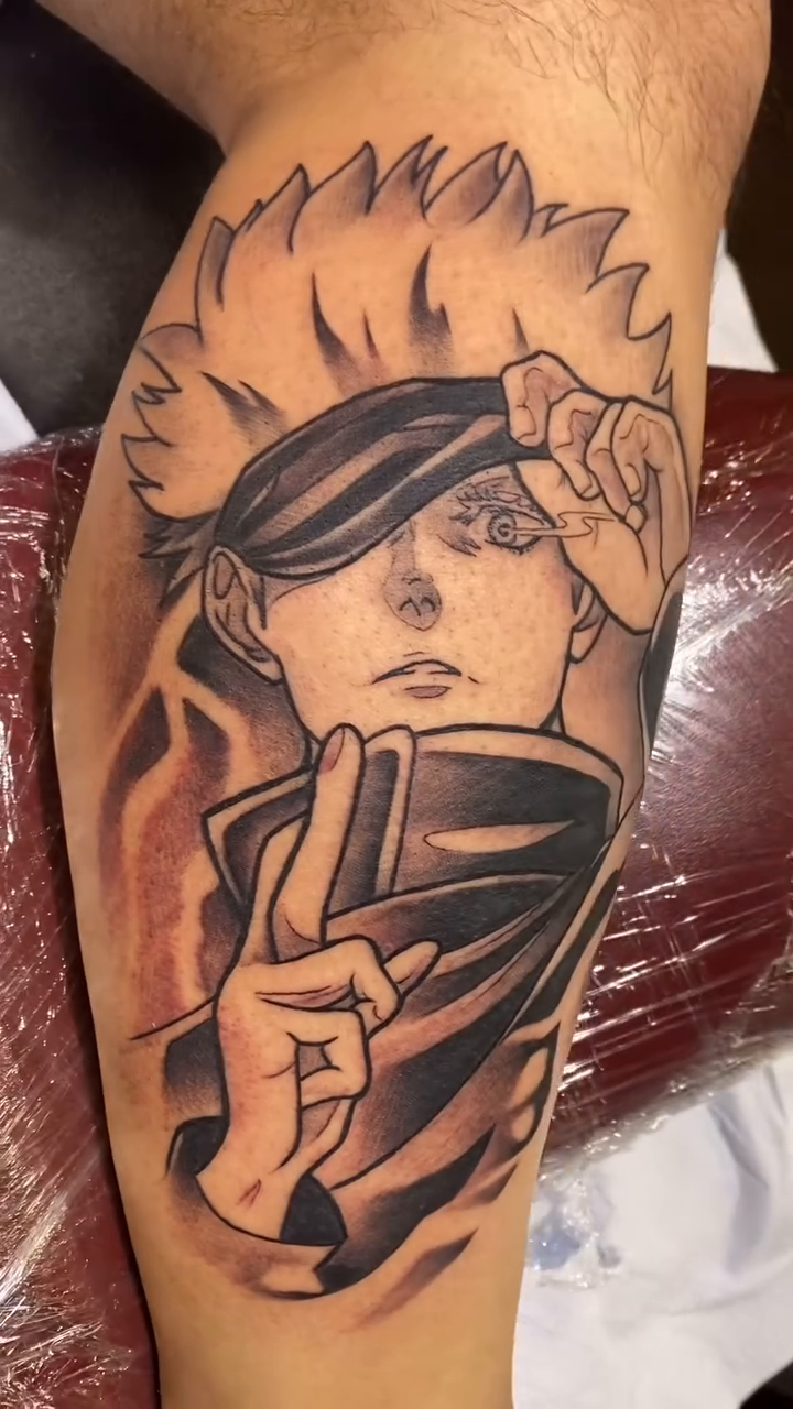Gojo Satoru from Jujutsu Kaisen anime tattoo on the forearm by Cody Wolfe