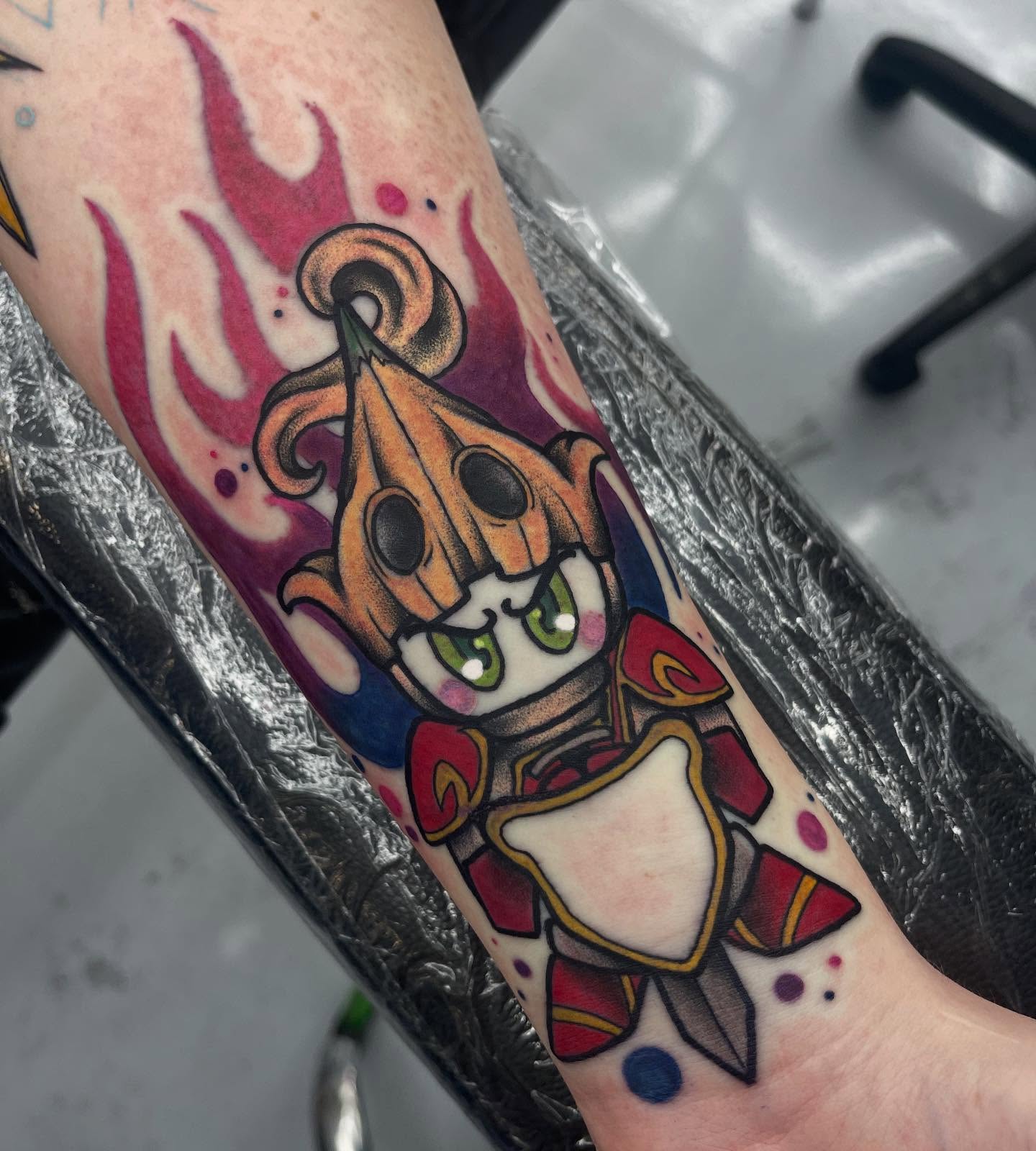 Cat knight American traditional tattoo on the forearm by Autumn Fulford