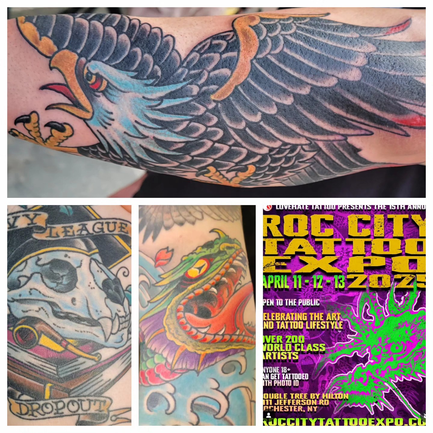 Bird American traditional tattoo on the upper arm by Mark Harada, Hoboken, New Jersey
