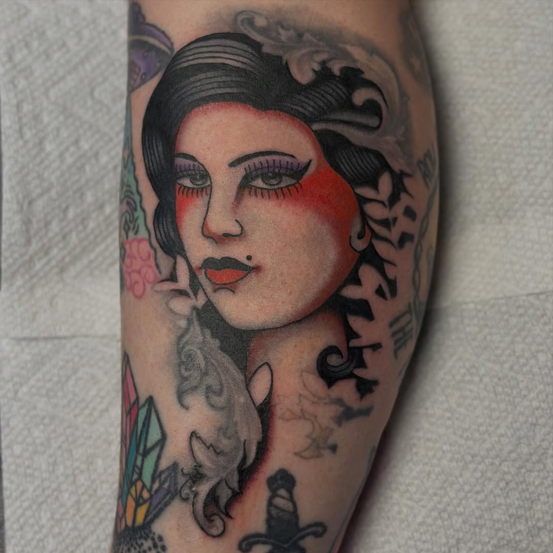 Woman portrait neo-traditional tattoo on the forearm by @ryleecoyote, New York, New York