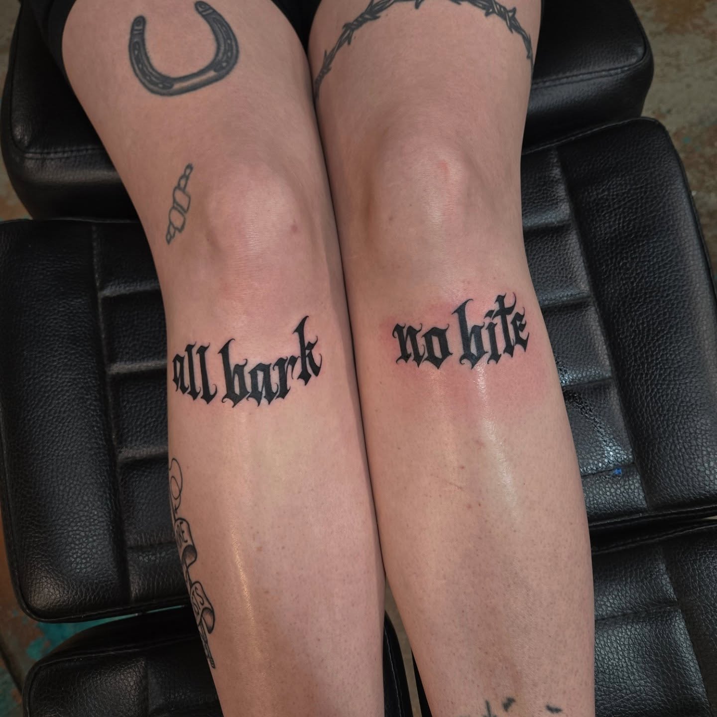 All bark no bite lettering script tattoo on the forearm by DiazTattoos, Denver, Colorado
