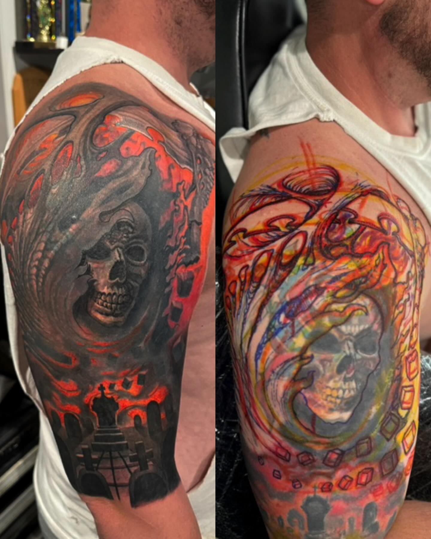 Skull dark realism tattoo on the shoulder by marcus labonne