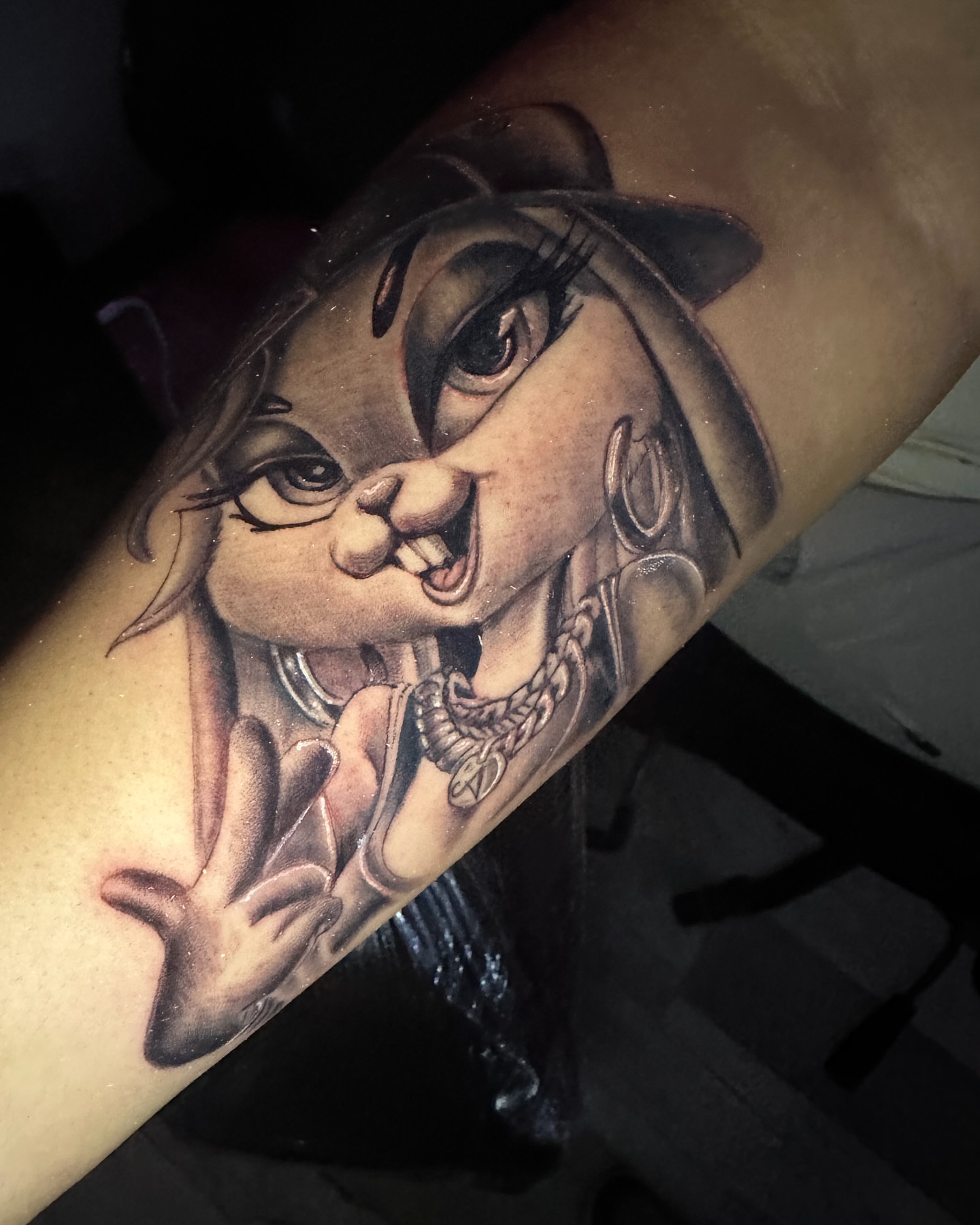 Bunny with hat realism tattoo on the forearm by jersey ink tattoos, Elizabeth, New Jersey