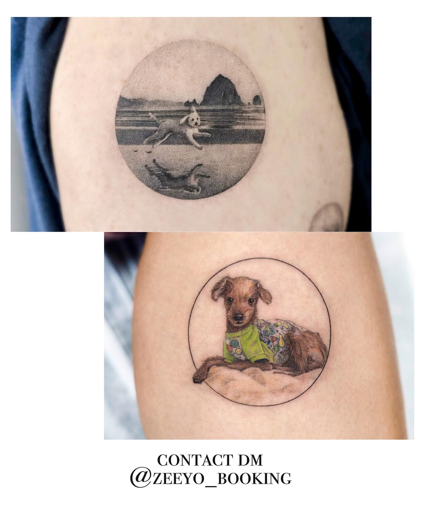 Beach scene with dog realism tattoo on the thigh by Zeeyo 지요