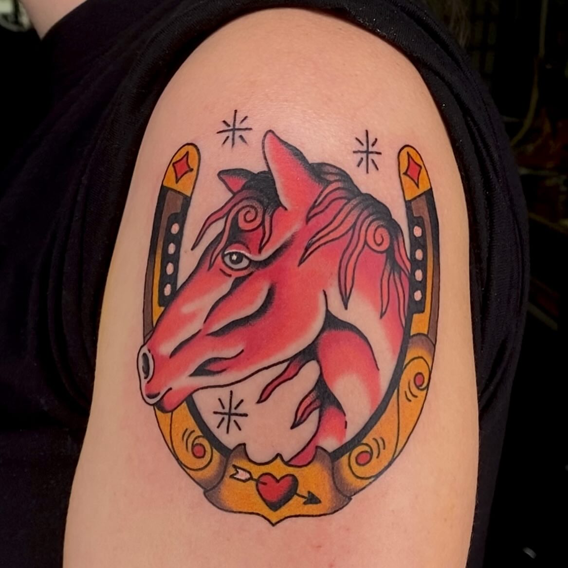 Horse head American traditional tattoo on the shoulder by Justin R. Mitchell, Fort Worth, Texas