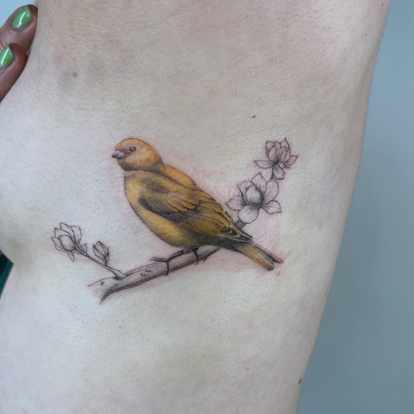 Bird and flowers realism tattoo on the thigh by bre