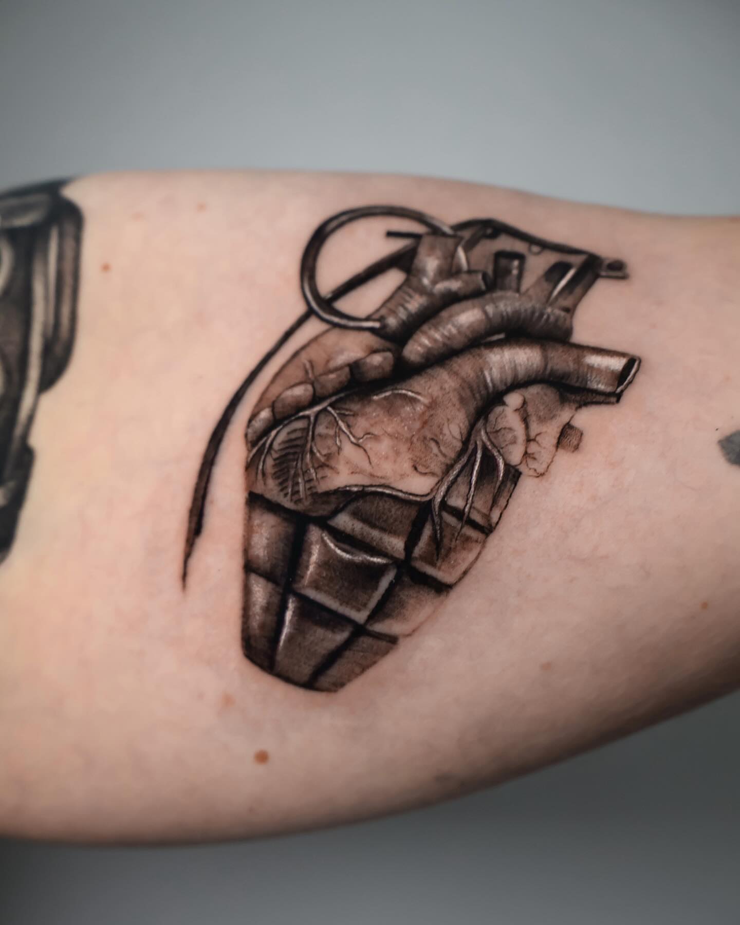 Heart grenade realism tattoo on the forearm by Stephanie Pedraza